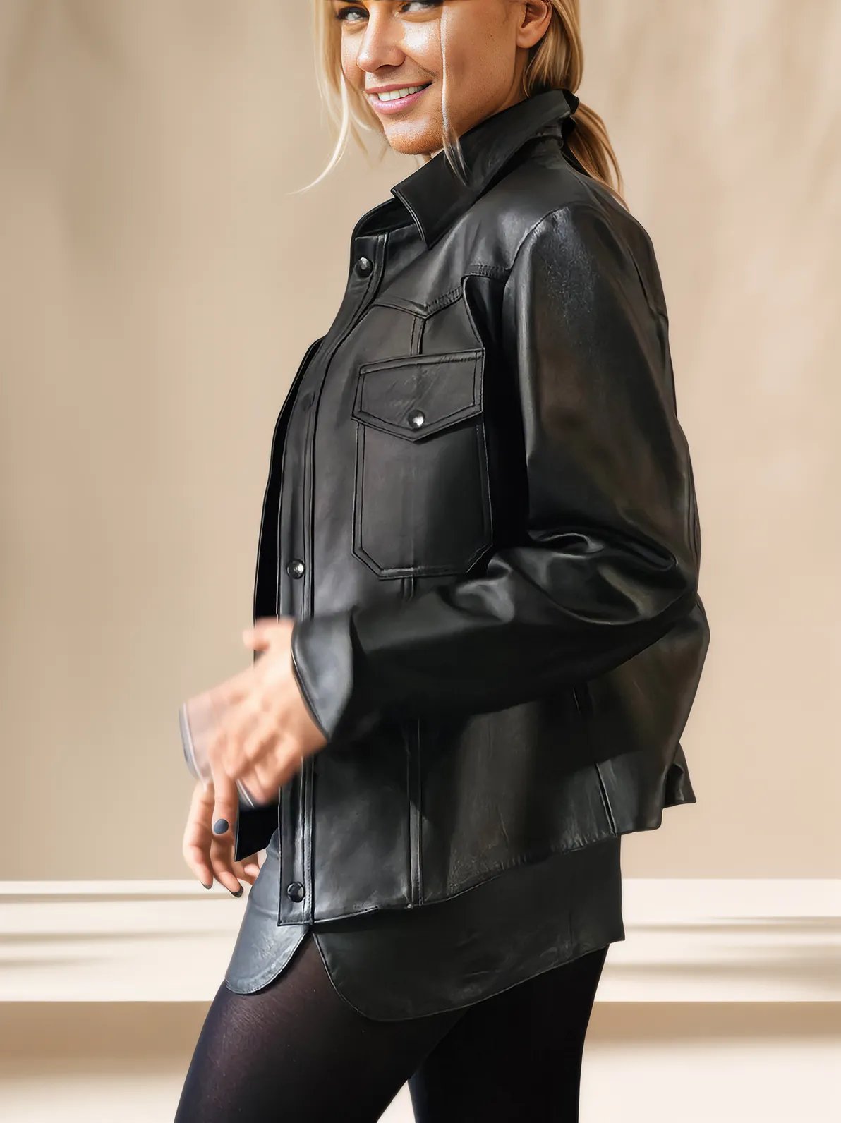 Handcrafted Women's Sheepskin Leather Shirt – Western - Style Black Button - Up - Tenku Designs