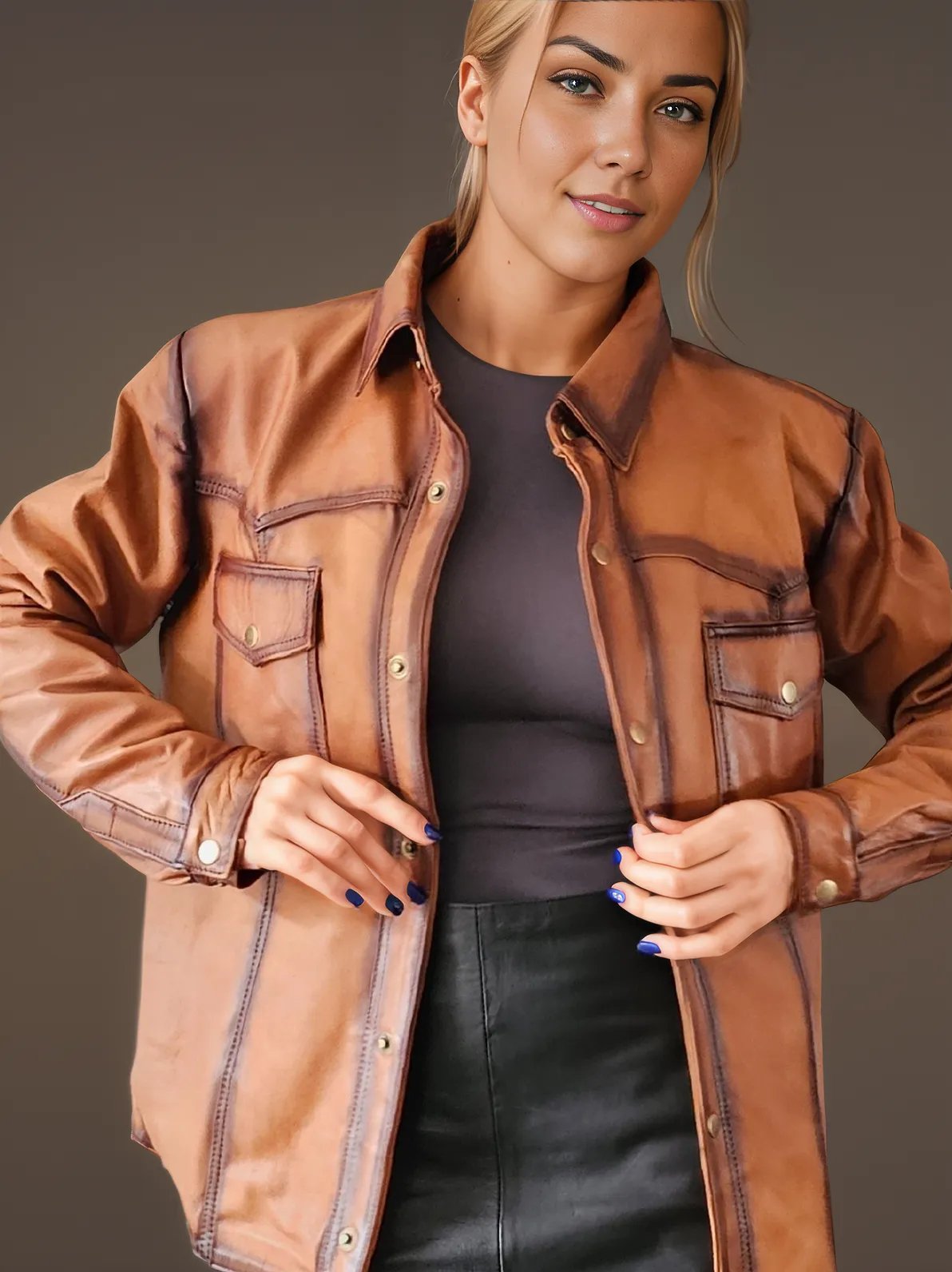 Handcrafted Women's Sheepskin Leather Shirt – Western - Style Vintage Honey Button - Up - Tenku Designs