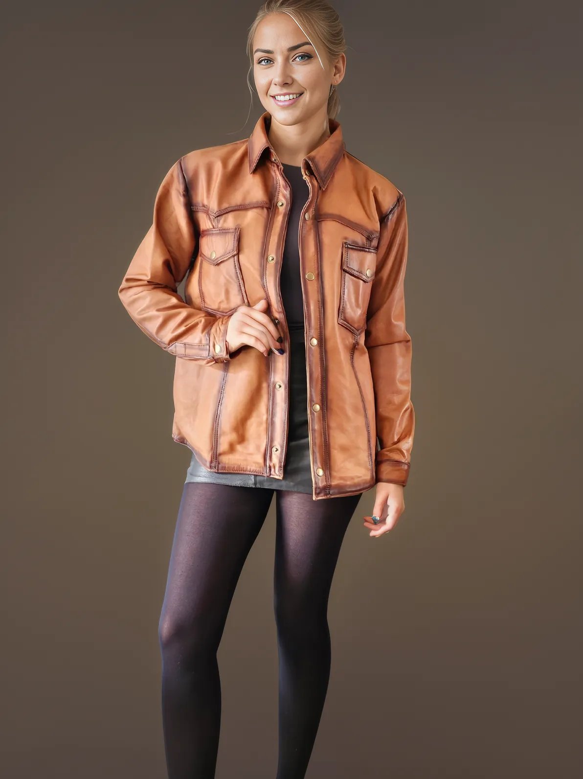 Handcrafted Women's Sheepskin Leather Shirt – Western - Style Vintage Honey Button - Up - Tenku Designs