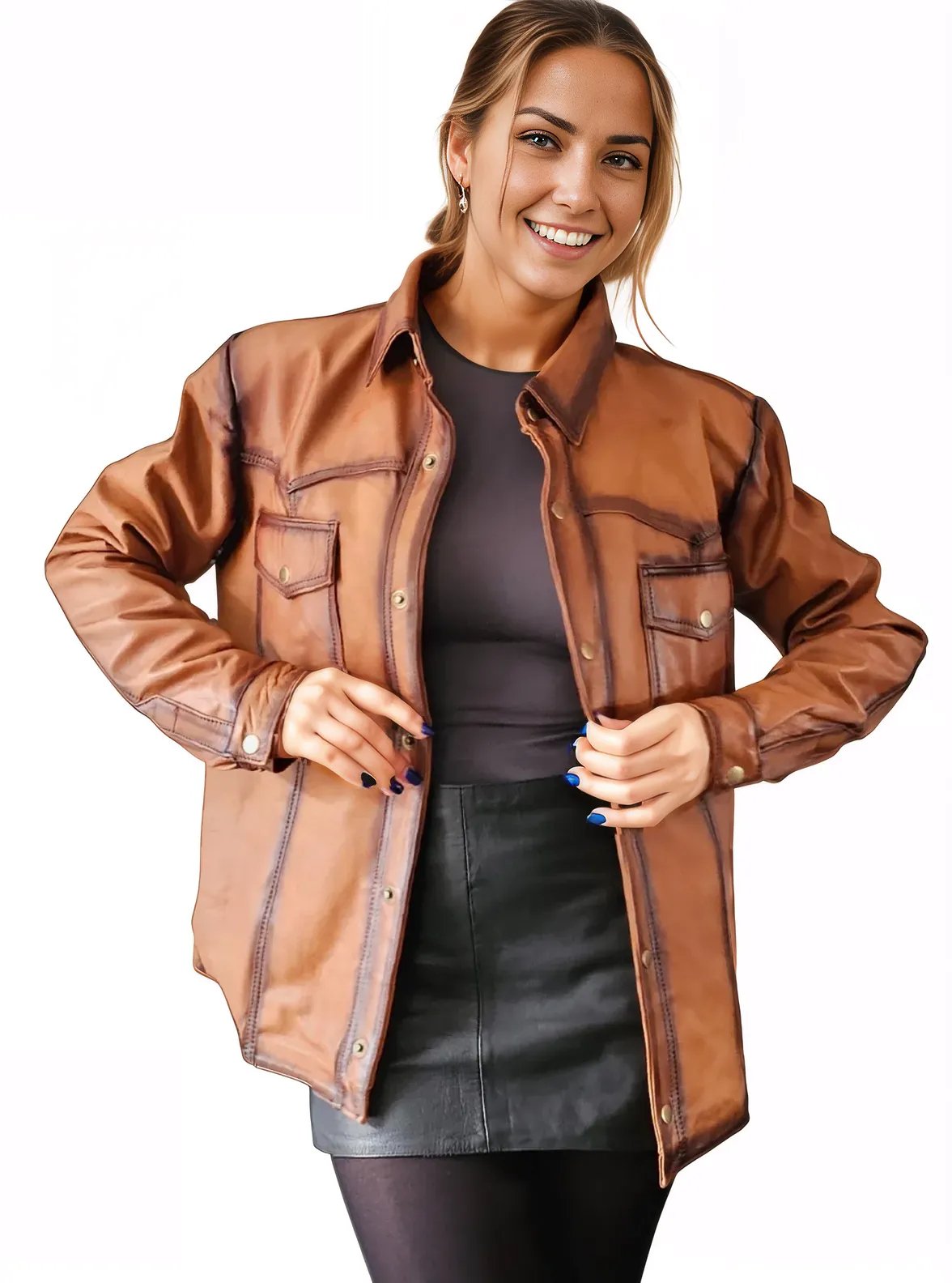 Handcrafted Women's Sheepskin Leather Shirt – Western - Style Vintage Honey Button - Up - Tenku Designs