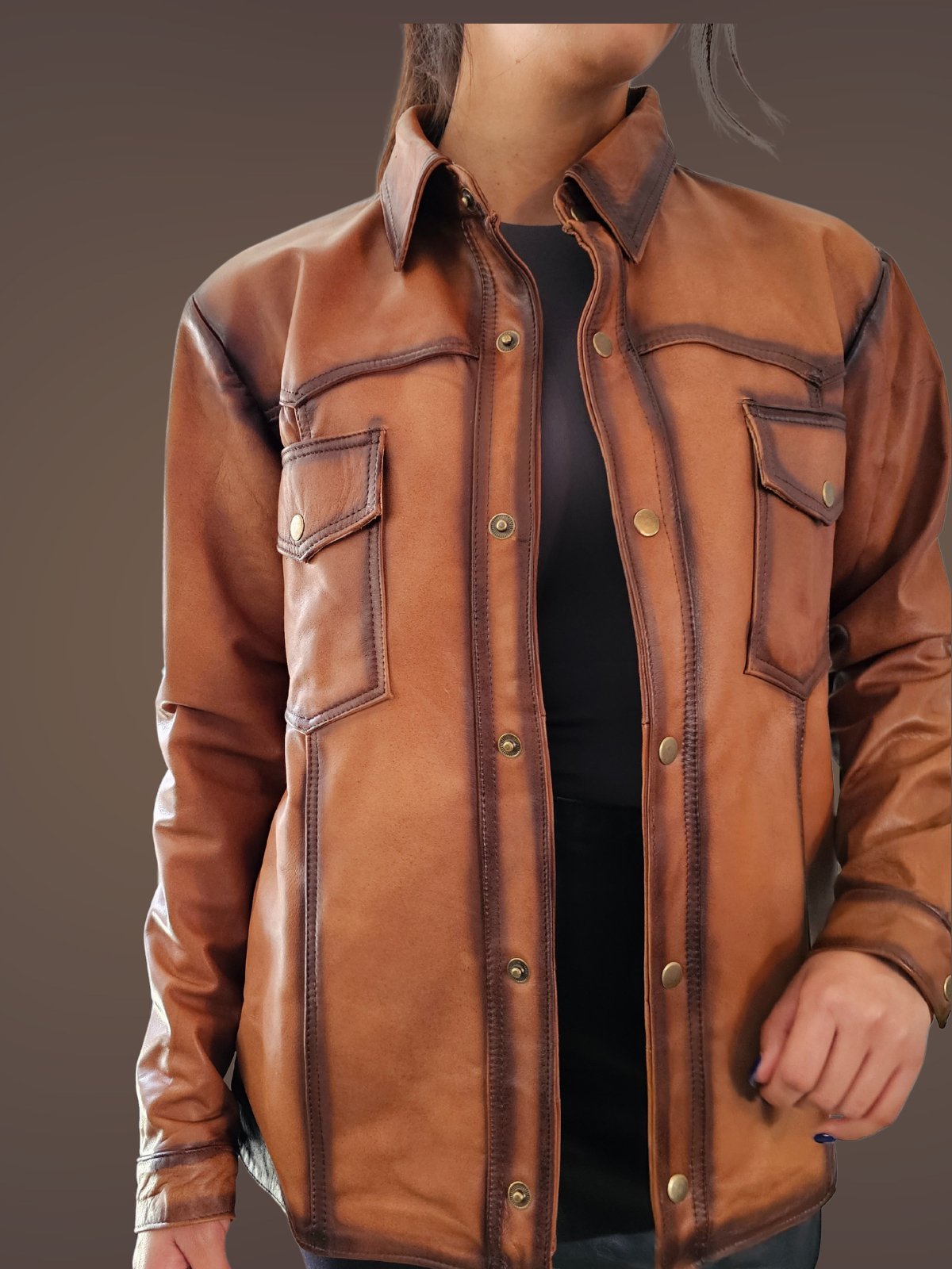 Handcrafted Women's Sheepskin Leather Shirt – Western - Style Vintage Honey Button - Up - Tenku Designs