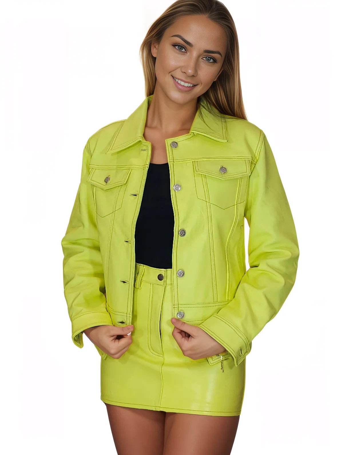Handcrafted Women's Sheepskin Leather Trucker Jacket – Premium Style Lime Green - Tenku Designs