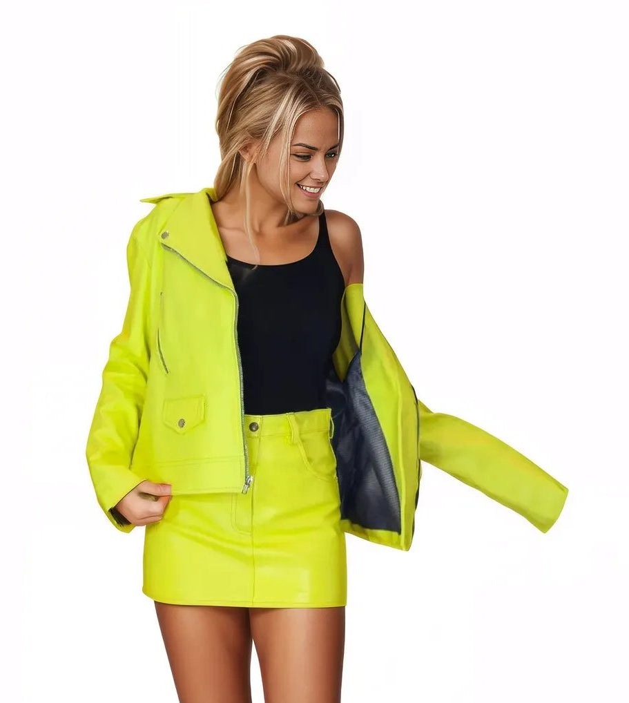 Handcrafted Women's Sheepskin Leather Trucker Jacket – Premium Style Lime Green - Tenku Designs