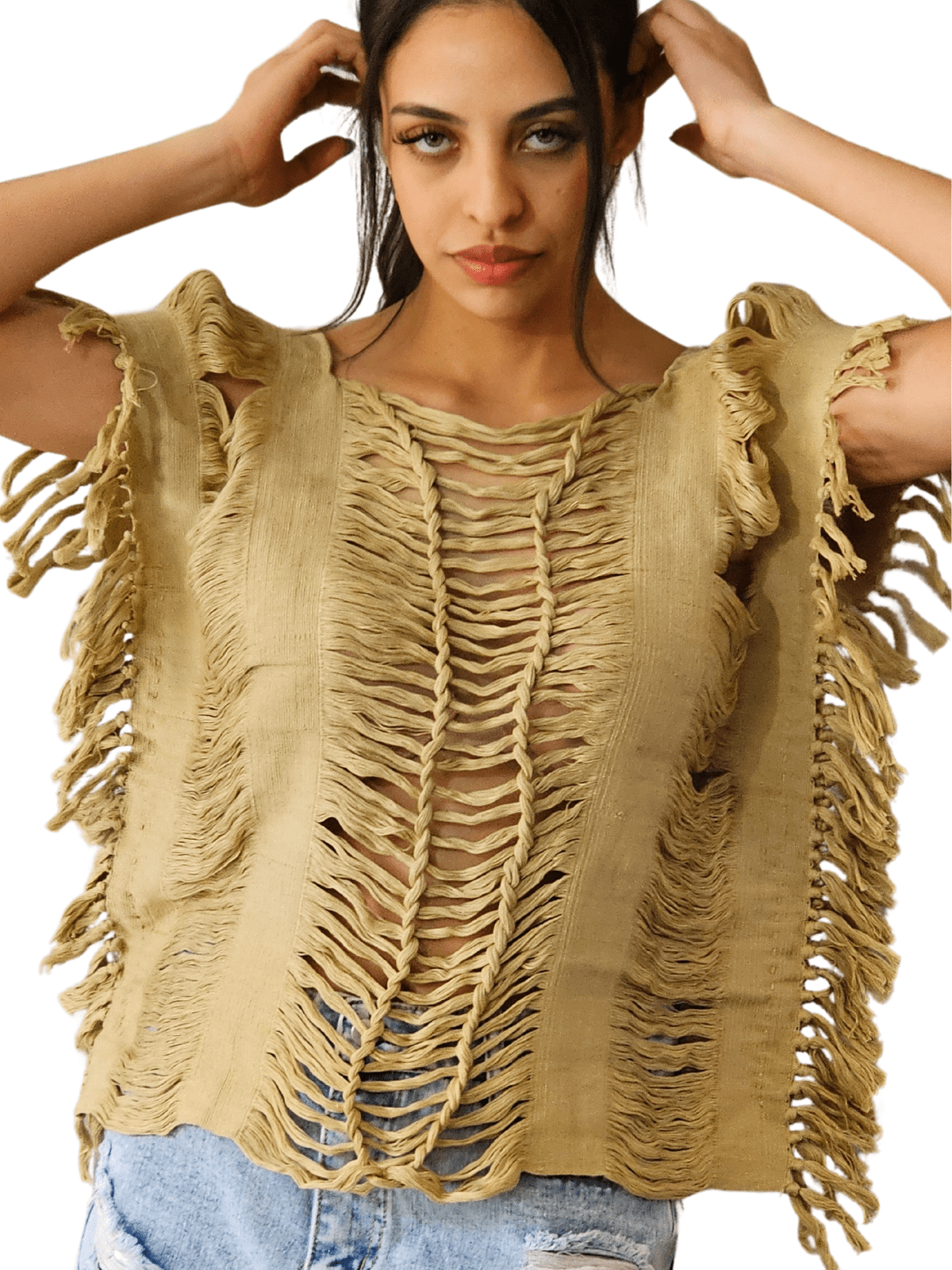 Handwoven Frayed Edge Cotton Top – Artisan Backstrap Loom Blouse | Chic Style Khaki - Tenku Designs