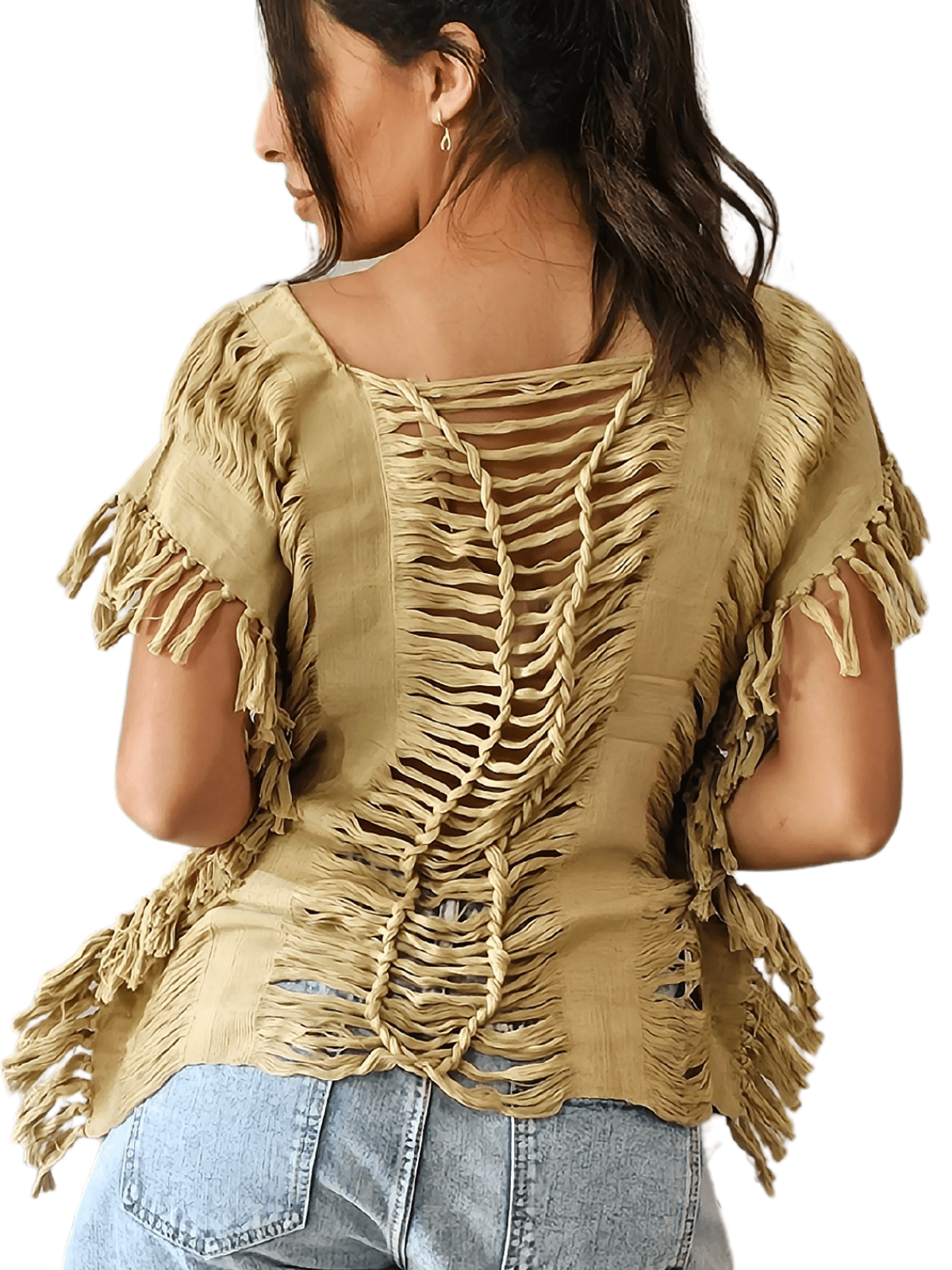 Handwoven Frayed Edge Cotton Top – Artisan Backstrap Loom Blouse | Chic Style Khaki - Tenku Designs