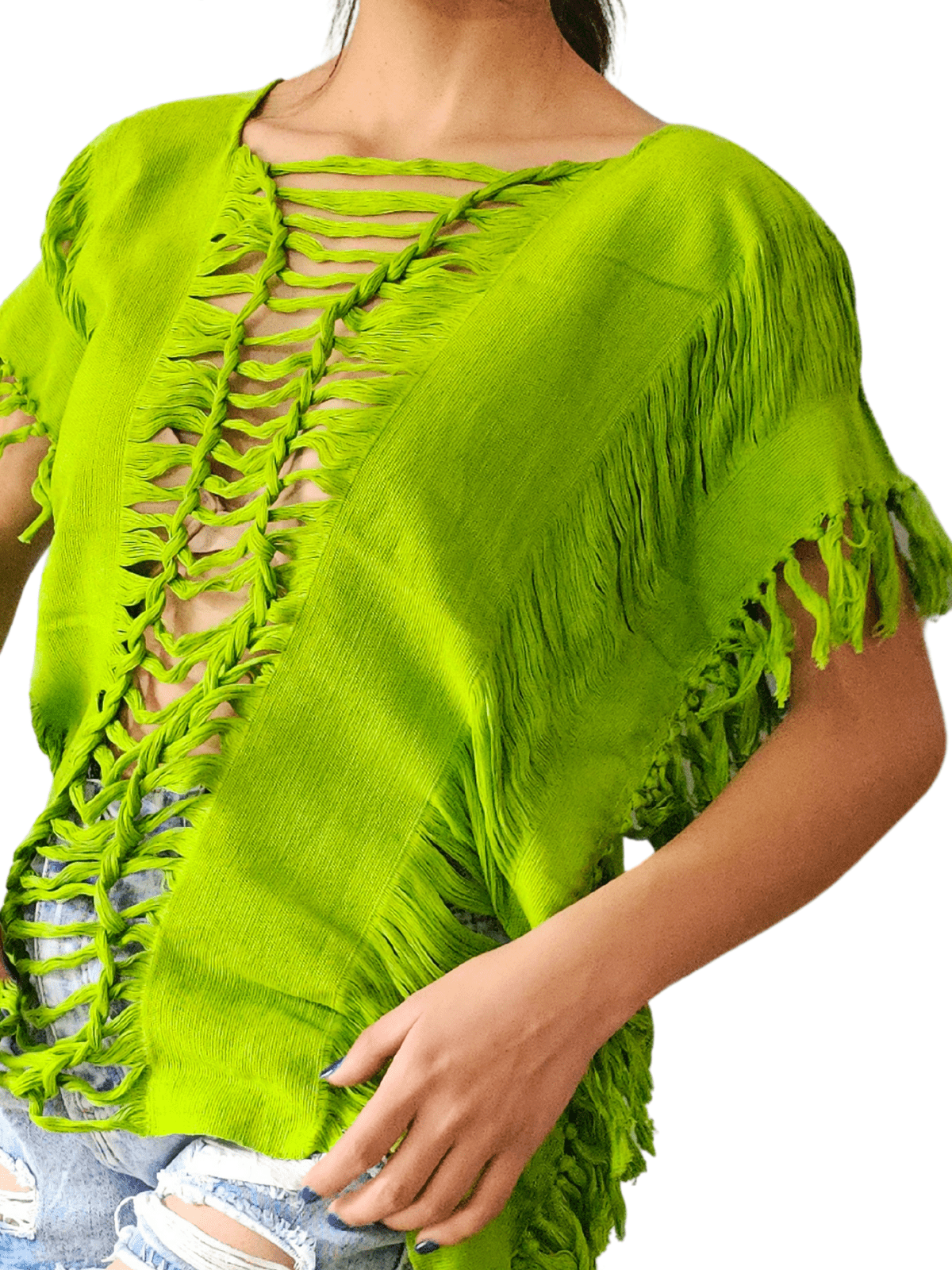 Handwoven Frayed Edge Cotton Top – Artisan Backstrap Loom Blouse | Chic Style Lime Green - Tenku Designs