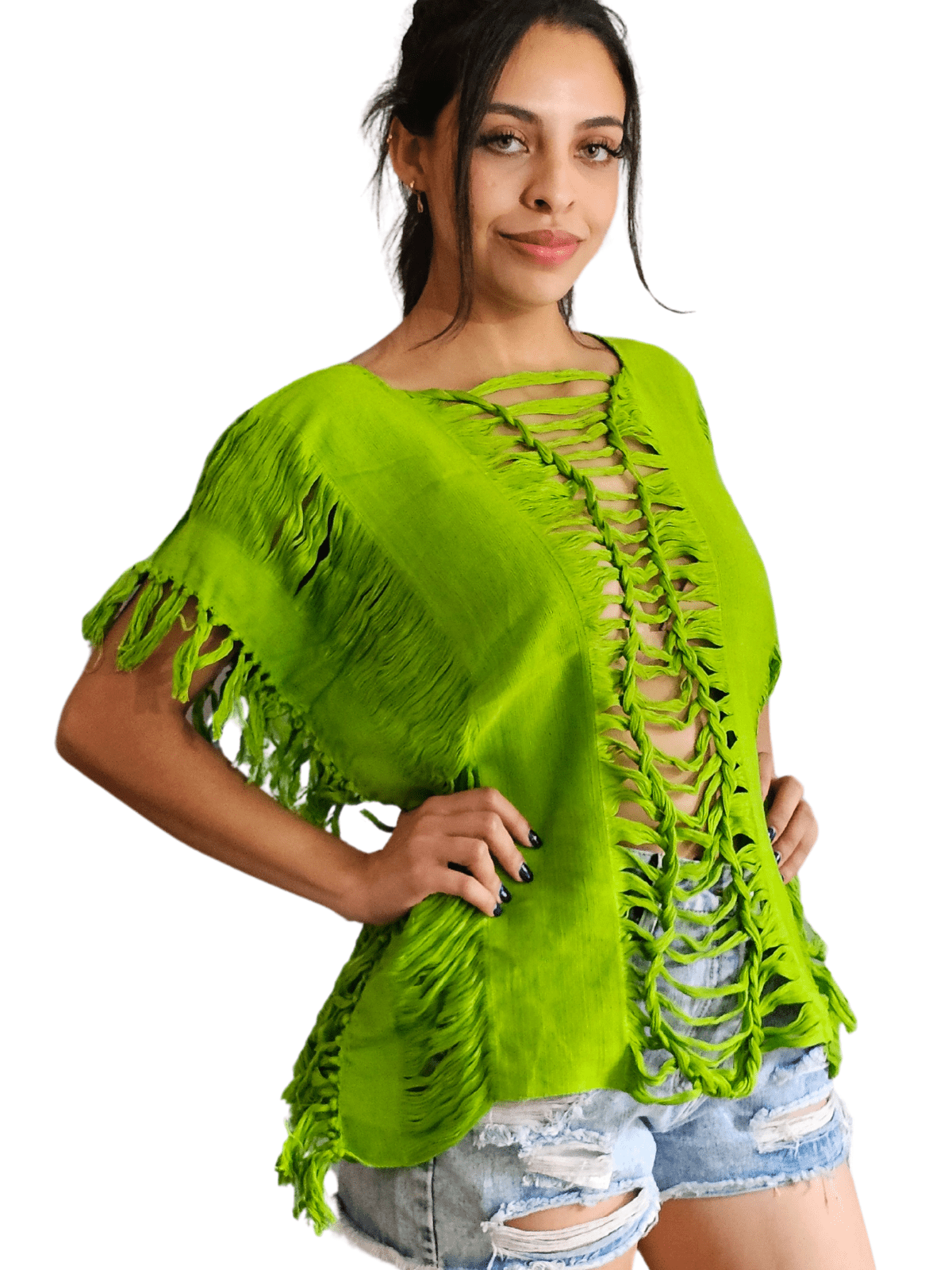 Handwoven Frayed Edge Cotton Top – Artisan Backstrap Loom Blouse | Chic Style Lime Green - Tenku Designs