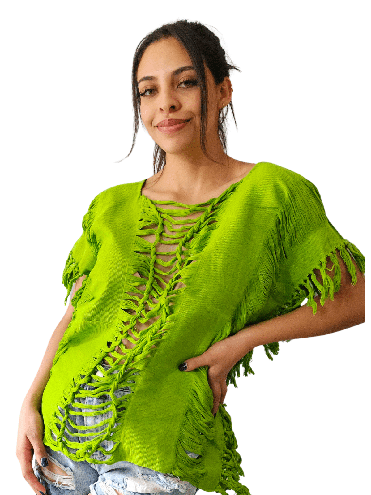 Handwoven Frayed Edge Cotton Top – Artisan Backstrap Loom Blouse | Chic Style Lime Green - Tenku Designs