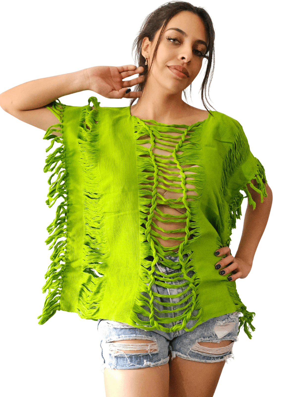 Handwoven Frayed Edge Cotton Top – Artisan Backstrap Loom Blouse | Chic Style Lime Green - Tenku Designs