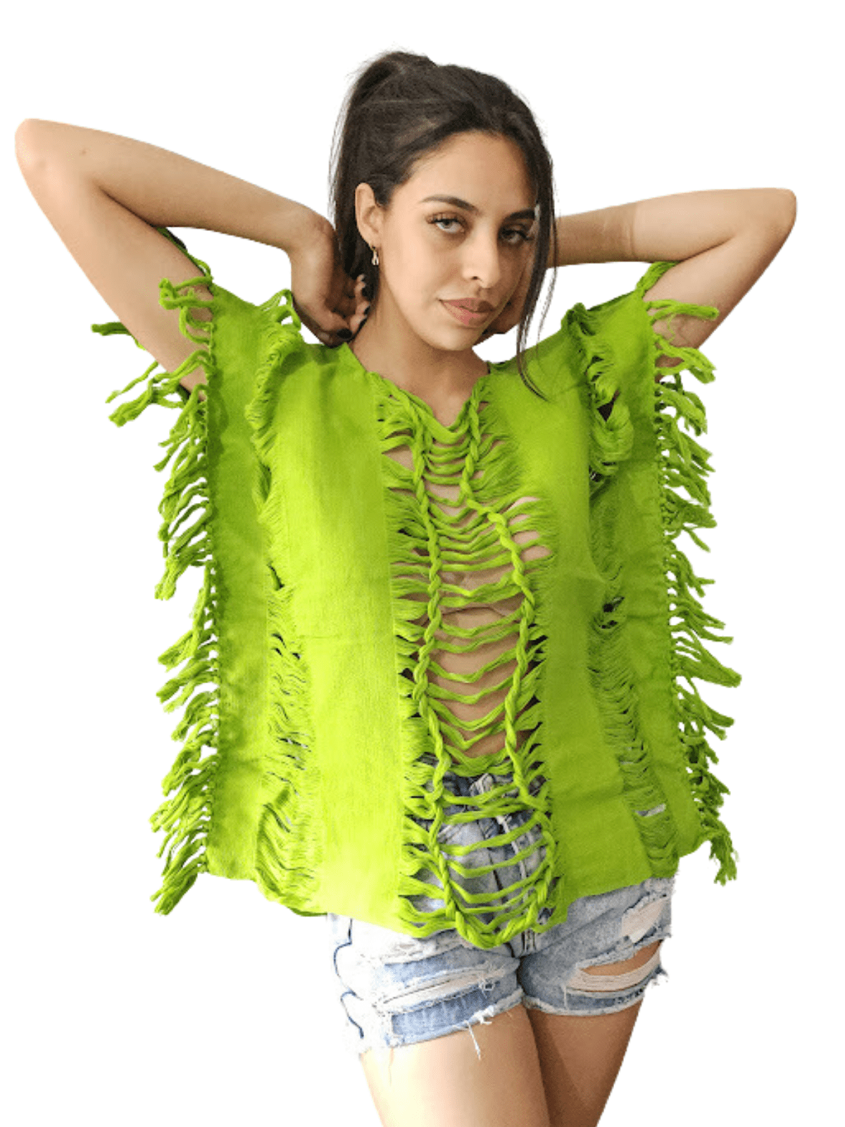 Handwoven Frayed Edge Cotton Top – Artisan Backstrap Loom Blouse | Chic Style Lime Green - Tenku Designs
