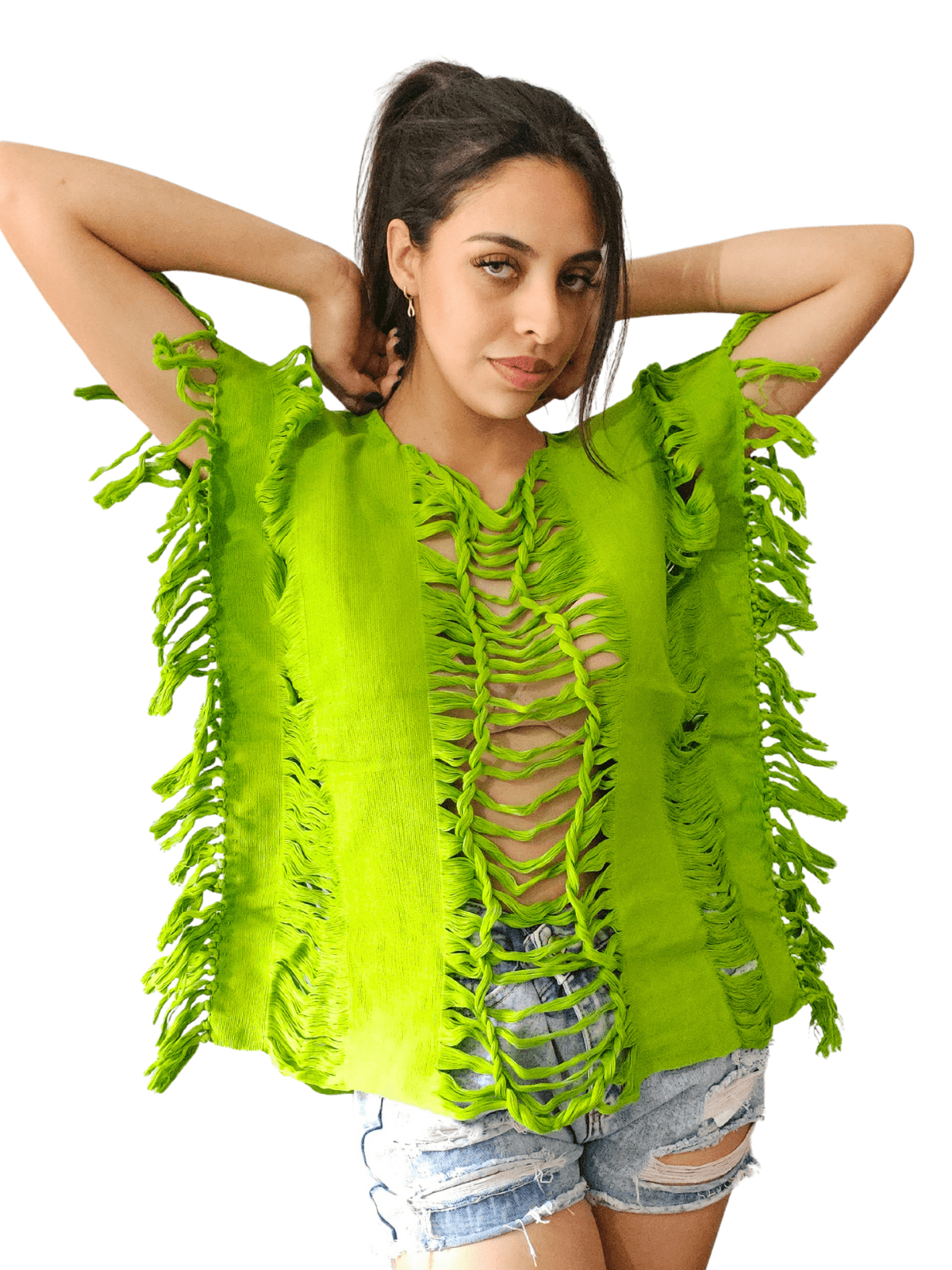Handwoven Frayed Edge Cotton Top – Artisan Backstrap Loom Blouse | Chic Style Lime Green - Tenku Designs