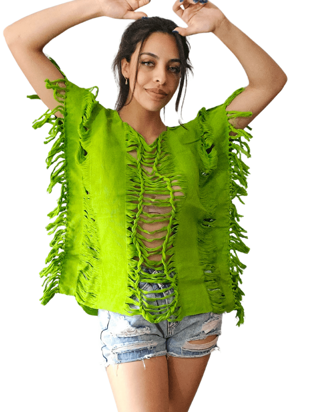 Handwoven Frayed Edge Cotton Top – Artisan Backstrap Loom Blouse | Chic Style Lime Green - Tenku Designs