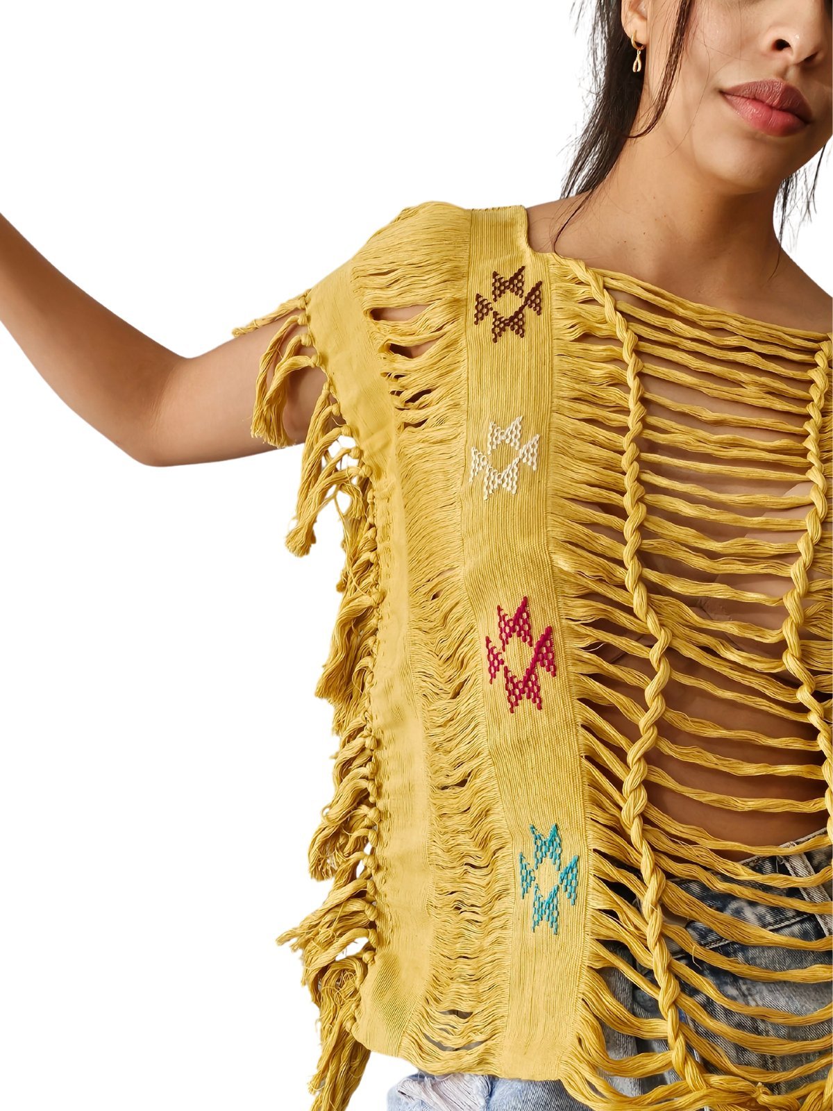 Handwoven Frayed Edge Cotton Top – Artisan Backstrap Loom Blouse | Chic Style Mustard Brocado - Tenku Designs