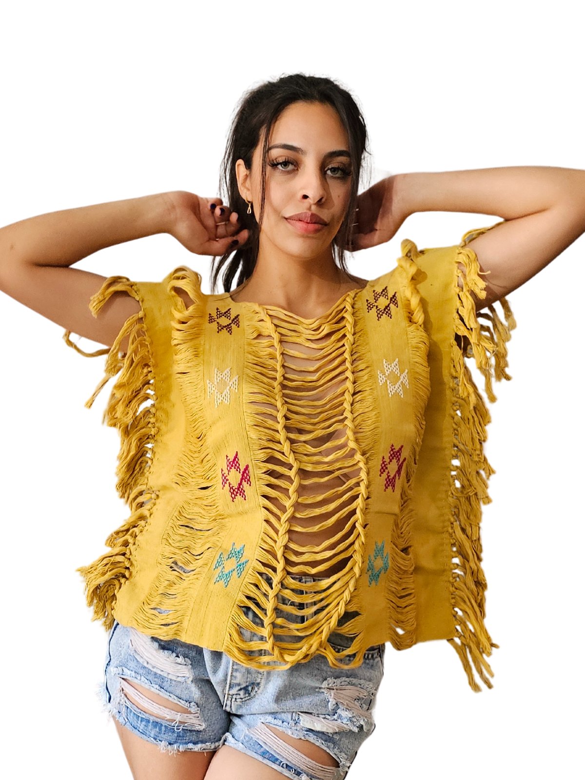 Handwoven Frayed Edge Cotton Top – Artisan Backstrap Loom Blouse | Chic Style Mustard Brocado - Tenku Designs