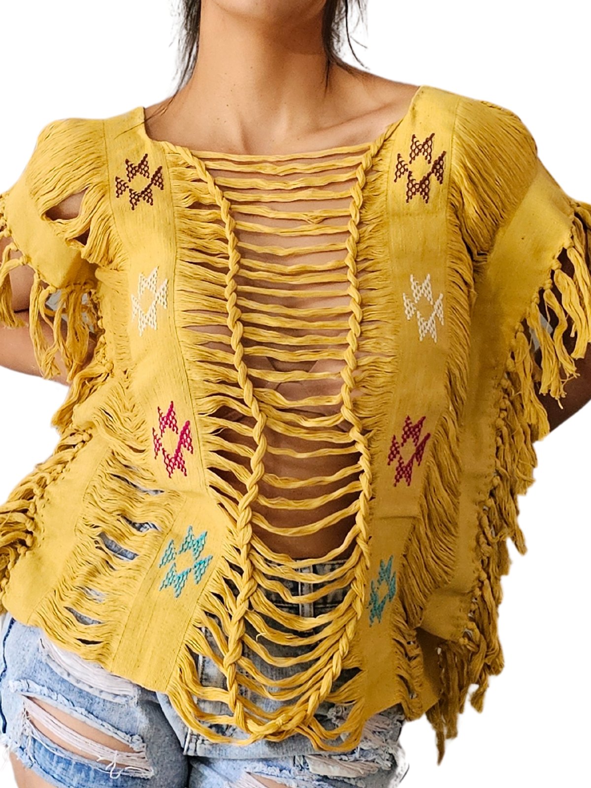 Handwoven Frayed Edge Cotton Top – Artisan Backstrap Loom Blouse | Chic Style Mustard Brocado - Tenku Designs