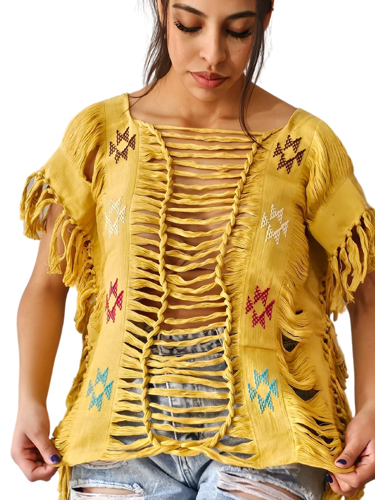 Handwoven Frayed Edge Cotton Top – Artisan Backstrap Loom Blouse | Chic Style Mustard Brocado - Tenku Designs