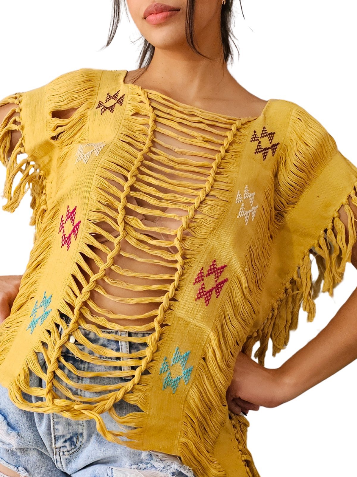 Handwoven Frayed Edge Cotton Top – Artisan Backstrap Loom Blouse | Chic Style Mustard Brocado - Tenku Designs