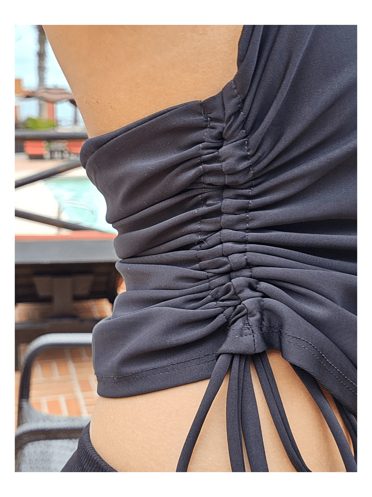 High Neck Drawstring Halter Crop Top – Slimming Fit, Double - Lined, Chlorine - Resistant Fabric Black - Tenku Designs