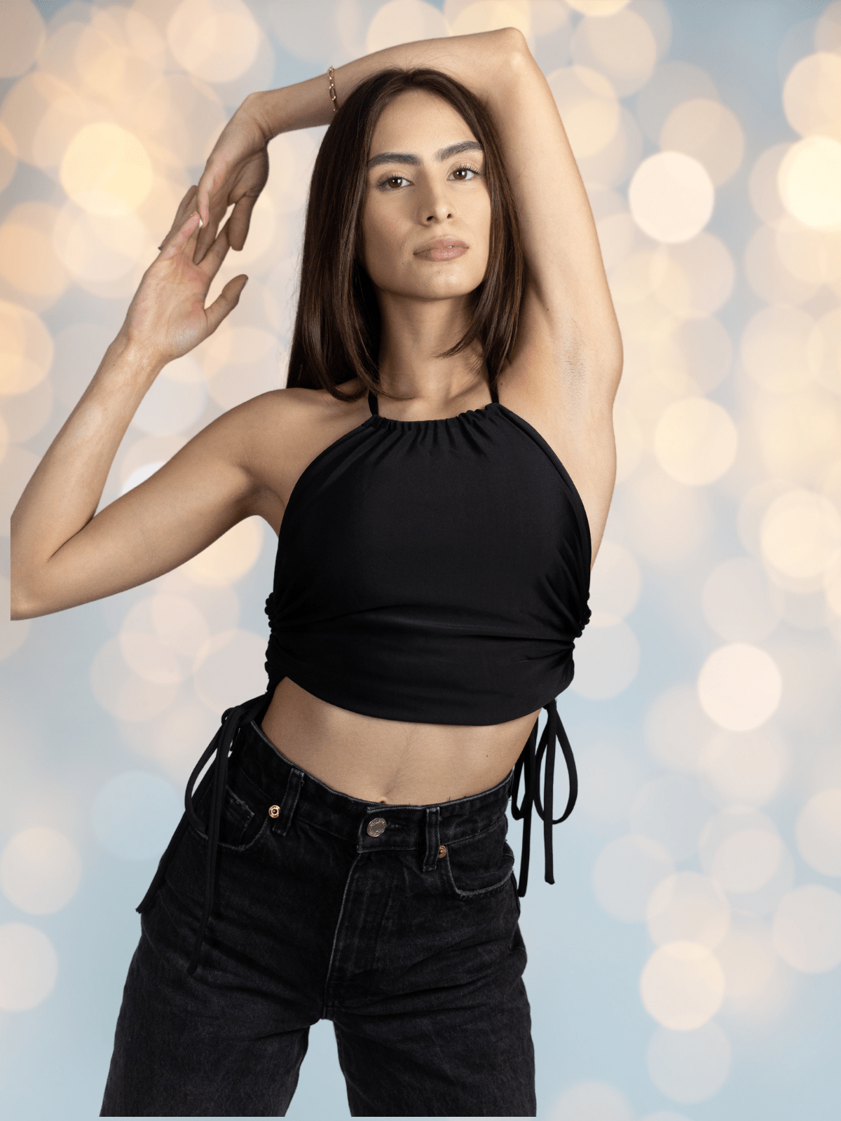 High Neck Drawstring Halter Crop Top – Slimming Fit, Double - Lined, Chlorine - Resistant Fabric Black - Tenku Designs