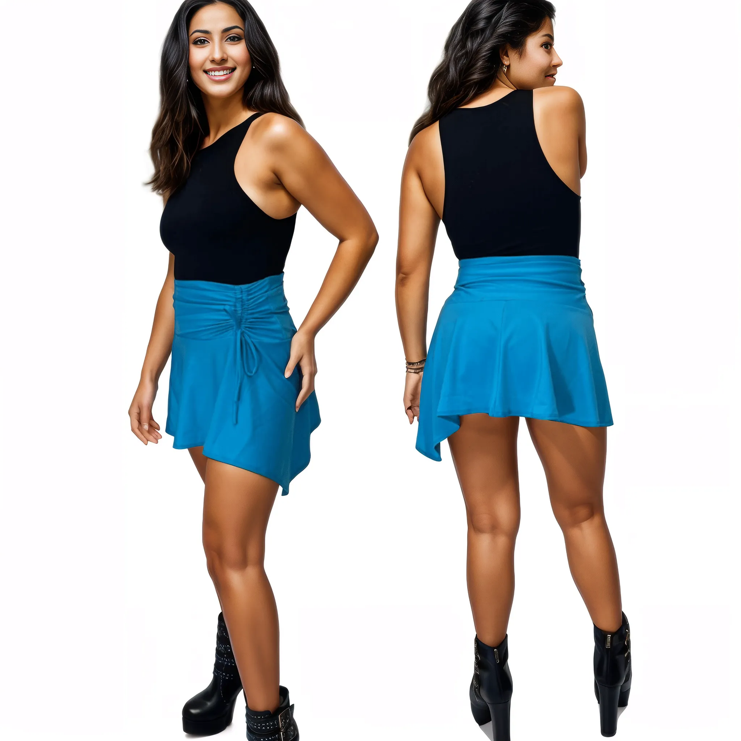 High - Rise Tummy Control Ruched Extra Mini Skirt – Adjustable Asymmetrical Drawstring Skirt Blue - Tenku Designs