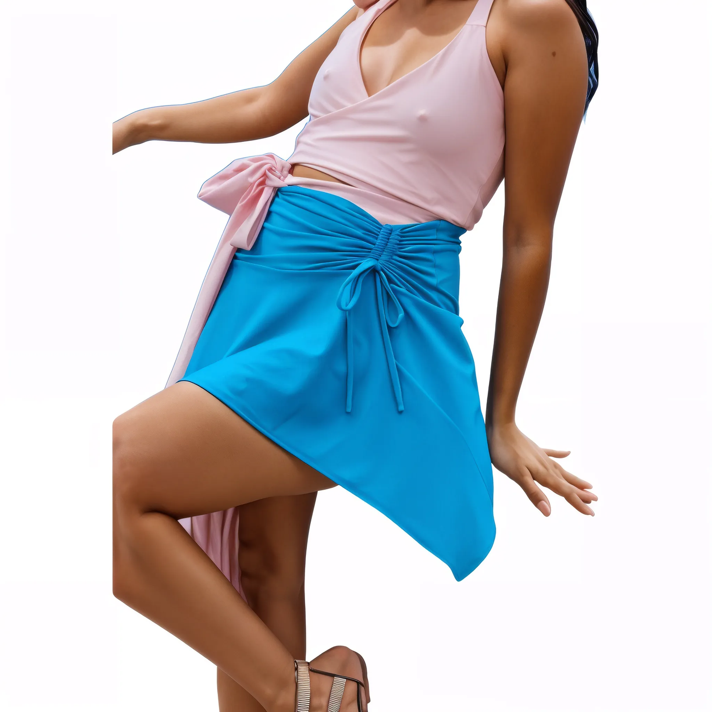 High - Rise Tummy Control Ruched Extra Mini Skirt – Adjustable Asymmetrical Drawstring Skirt Blue - Tenku Designs