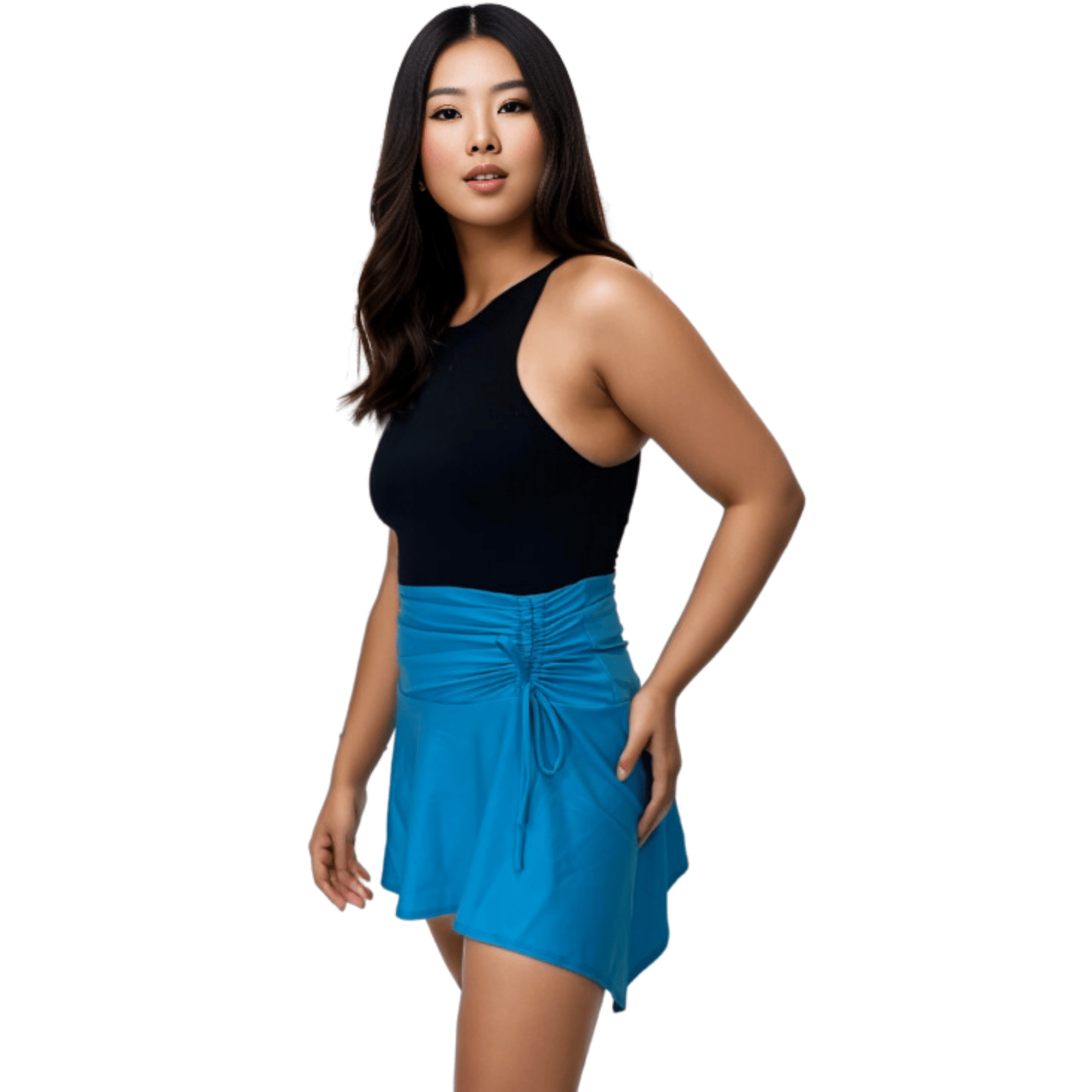 High - Rise Tummy Control Ruched Extra Mini Skirt – Adjustable Asymmetrical Drawstring Skirt Blue - Tenku Designs
