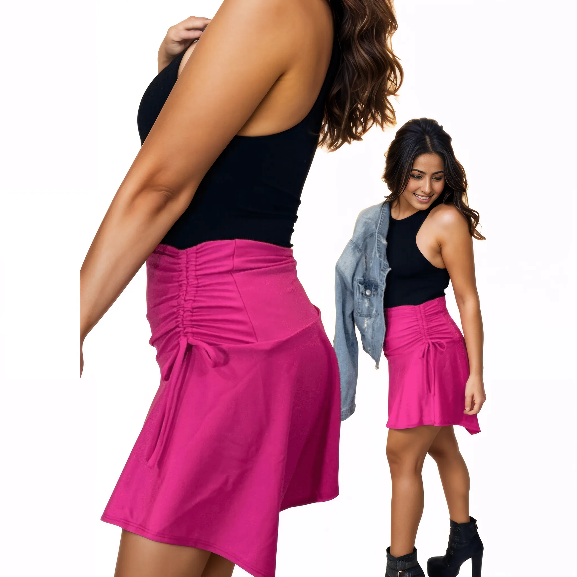 High - Rise Tummy Control Ruched Extra Mini Skirt – Adjustable Asymmetrical Drawstring Skirt Hot Pink - Tenku Designs