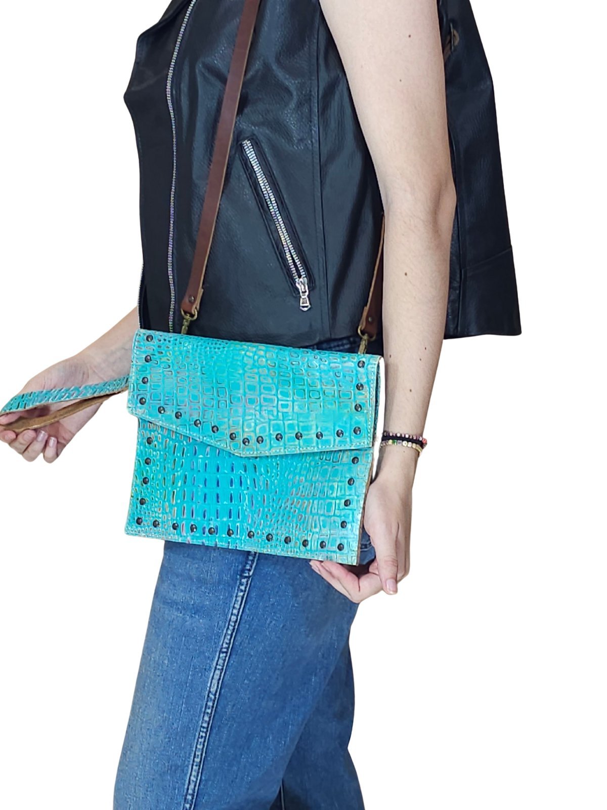 Hybrid Crosboddy Hand Wrist Bag Cocodrille Turquoise - Tenku Designs