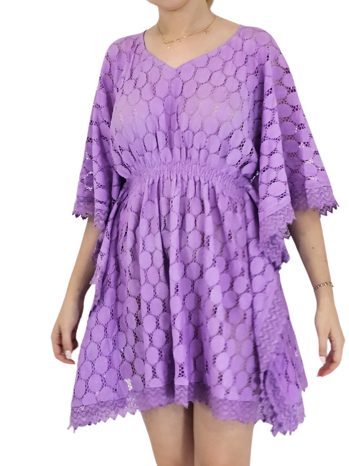 Lace V - Neck Dress with Scalloped Edges Purple - Tenku Designs