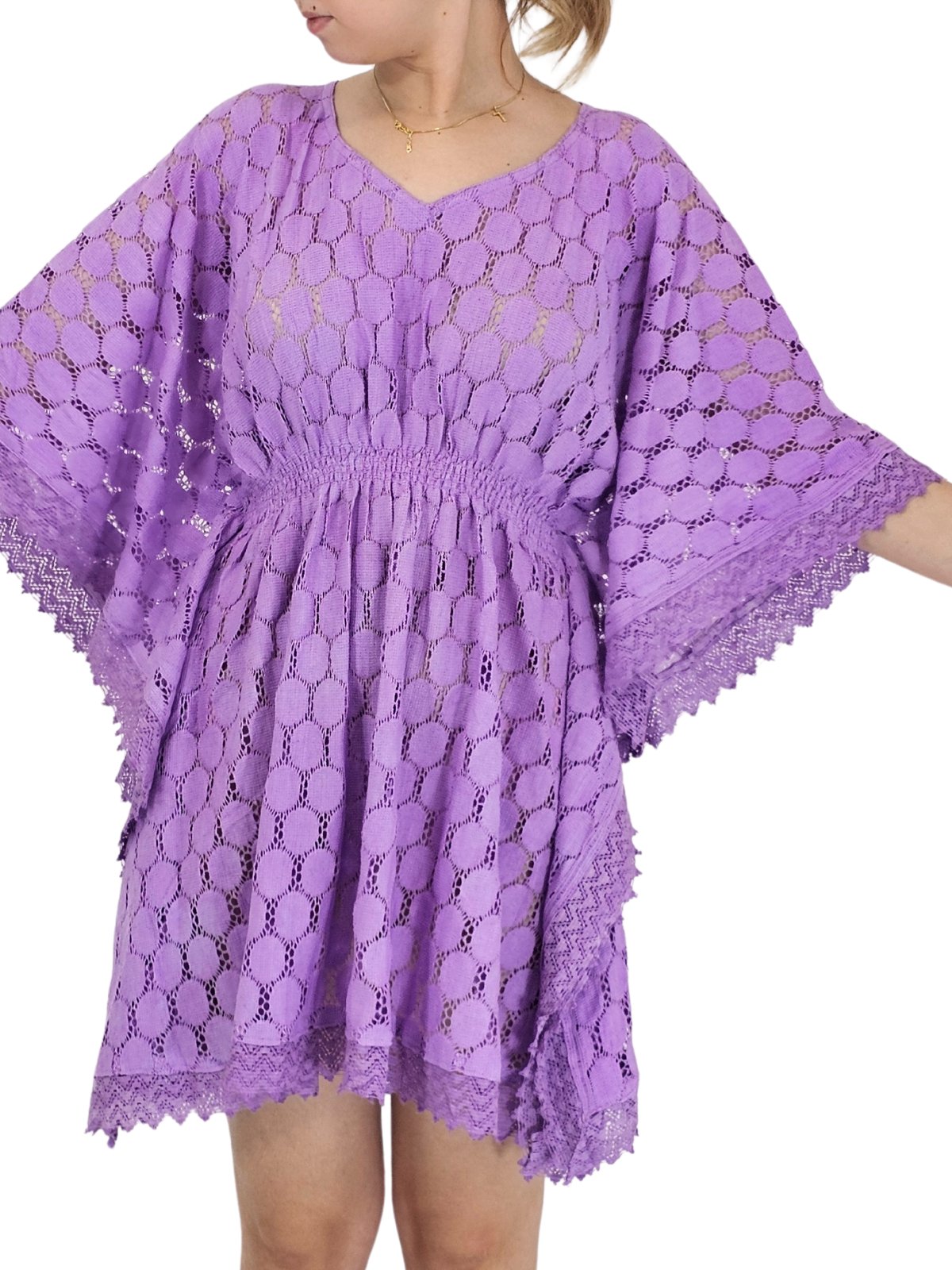 Lace V - Neck Dress with Scalloped Edges Purple - Tenku Designs