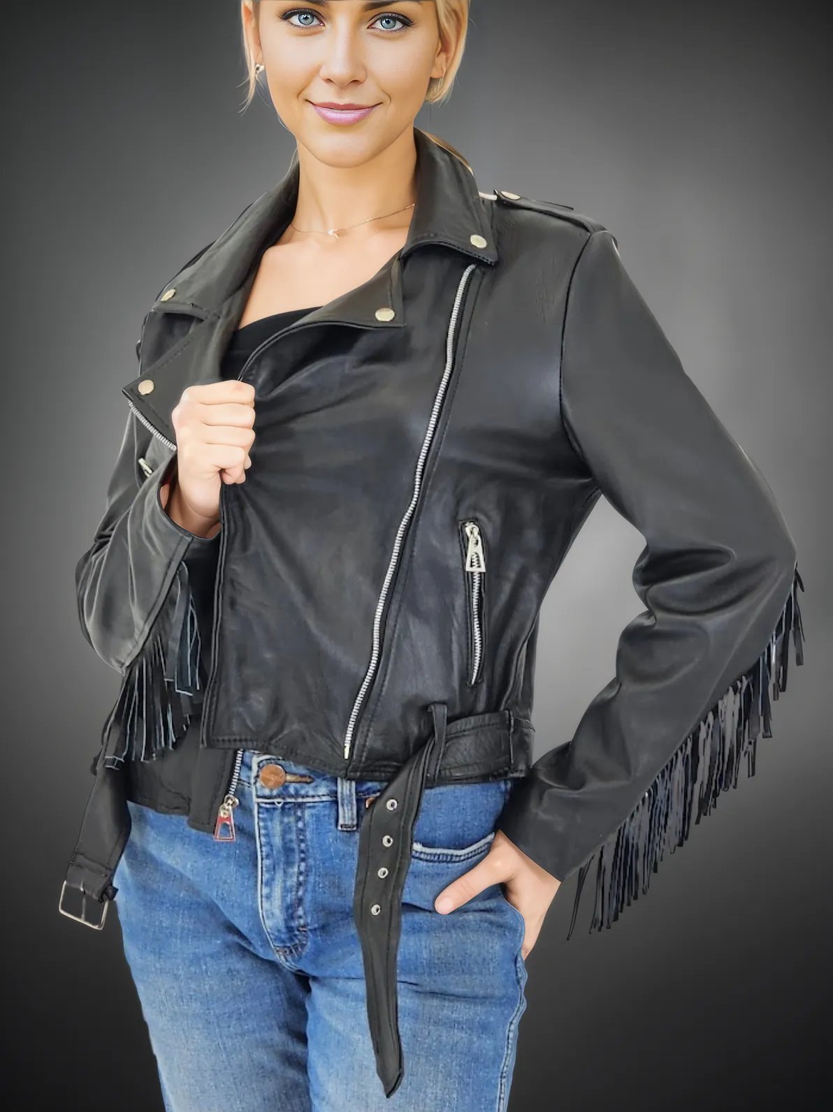Leather Jacket w/Fringes - Tenku Designs
