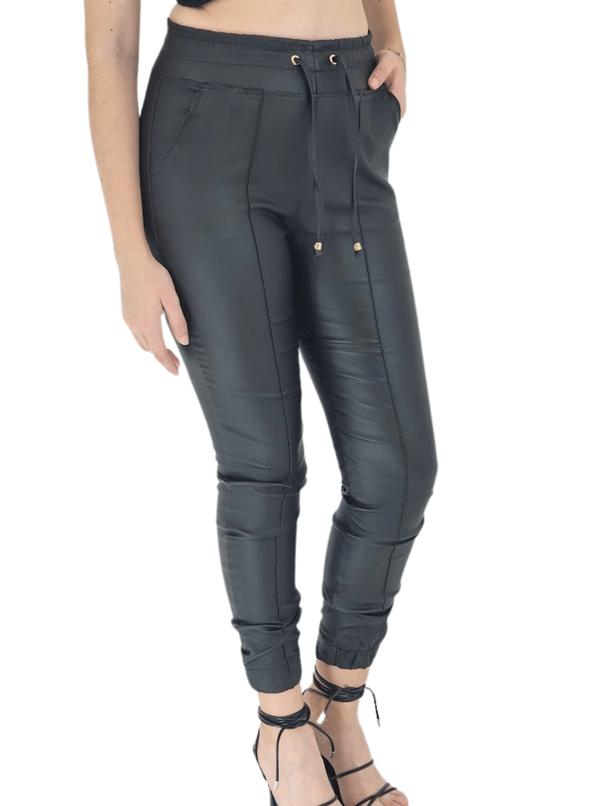 Leather like Jogger Pants with Adjustable Waistband & Gold Accents Black - Tenku Designs
