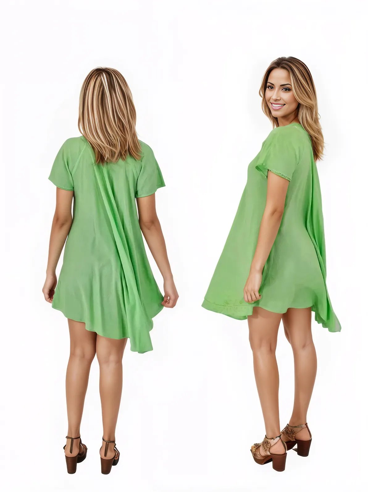 Lime Green Boho Short Sleeve Flowy Dress – Loose Fit| Tenku Designs - Tenku Designs
