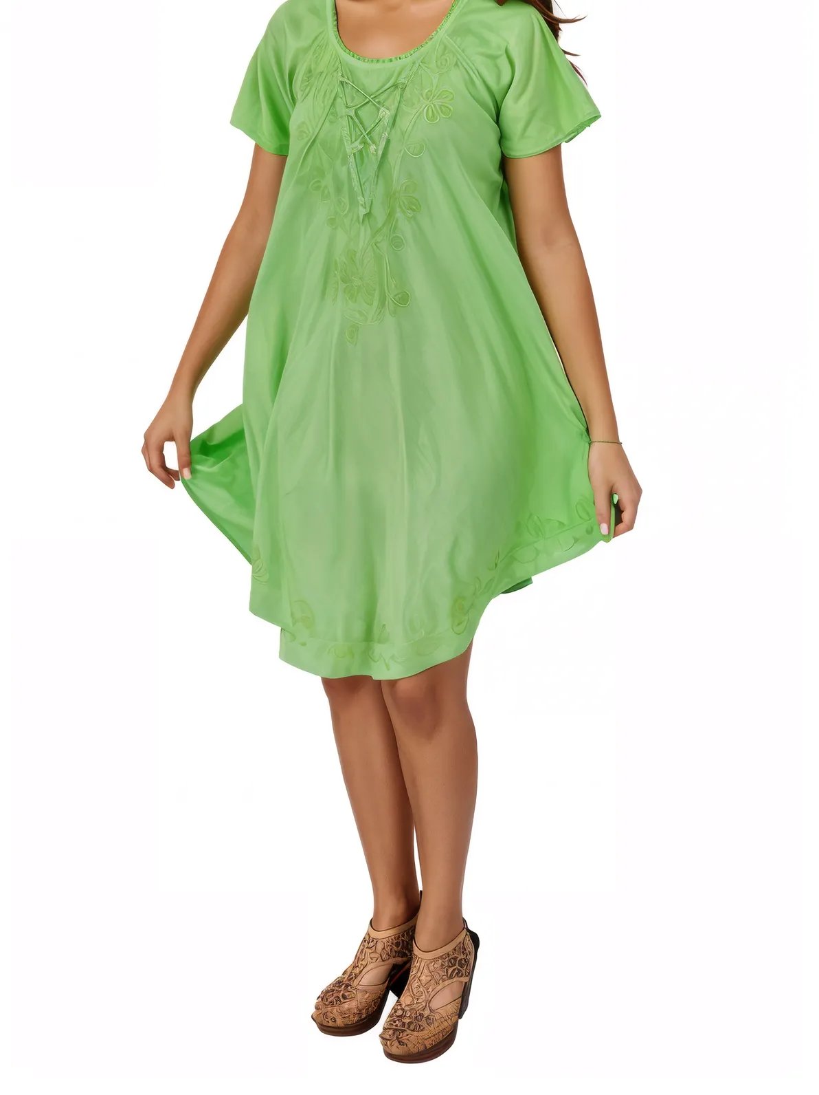 Lime Green Boho Short Sleeve Flowy Dress – Loose Fit| Tenku Designs - Tenku Designs