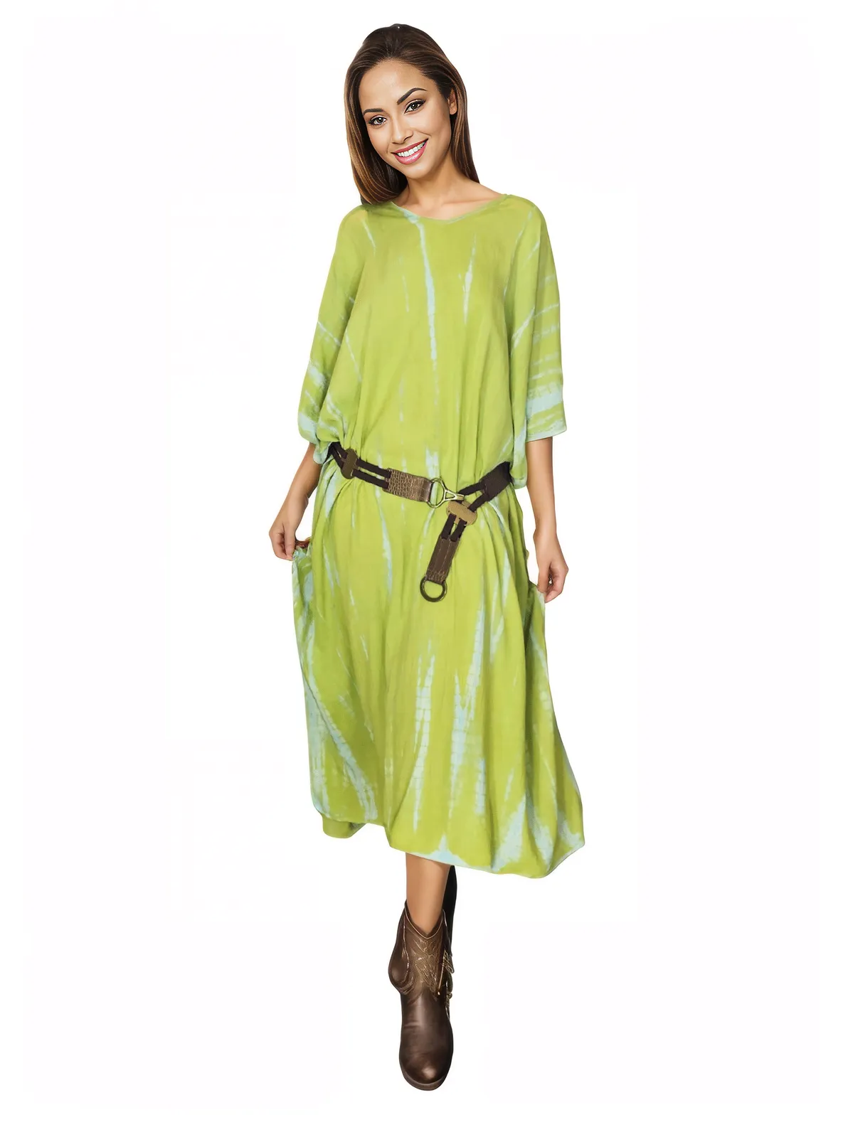 Lime Green Hand - Dyed Tie - Dye Maxi Kaftan Dress – Boho Chic, Flowy and Comfortable - Tenku Designs
