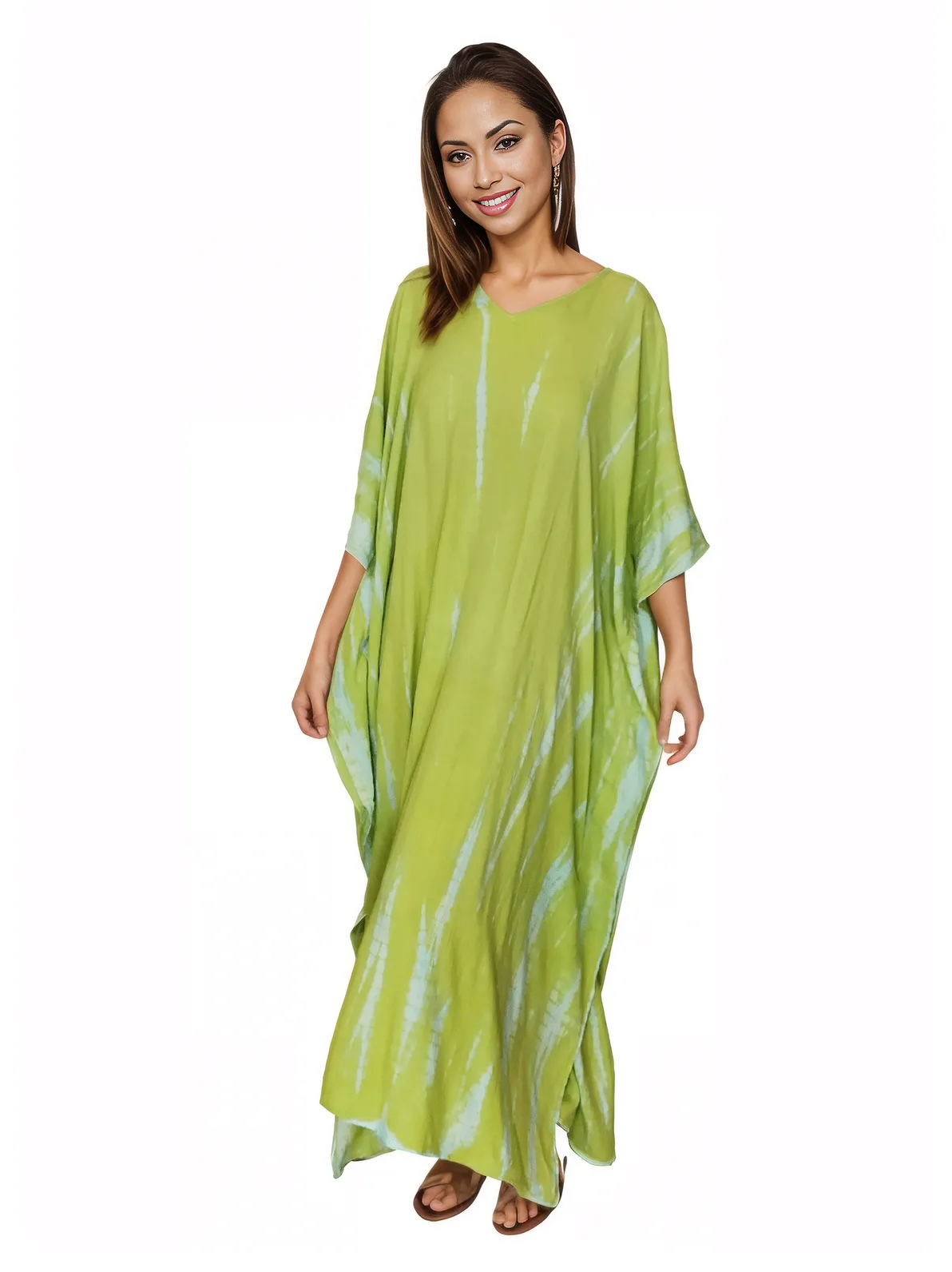 Lime Green Hand - Dyed Tie - Dye Maxi Kaftan Dress – Boho Chic, Flowy and Comfortable - Tenku Designs