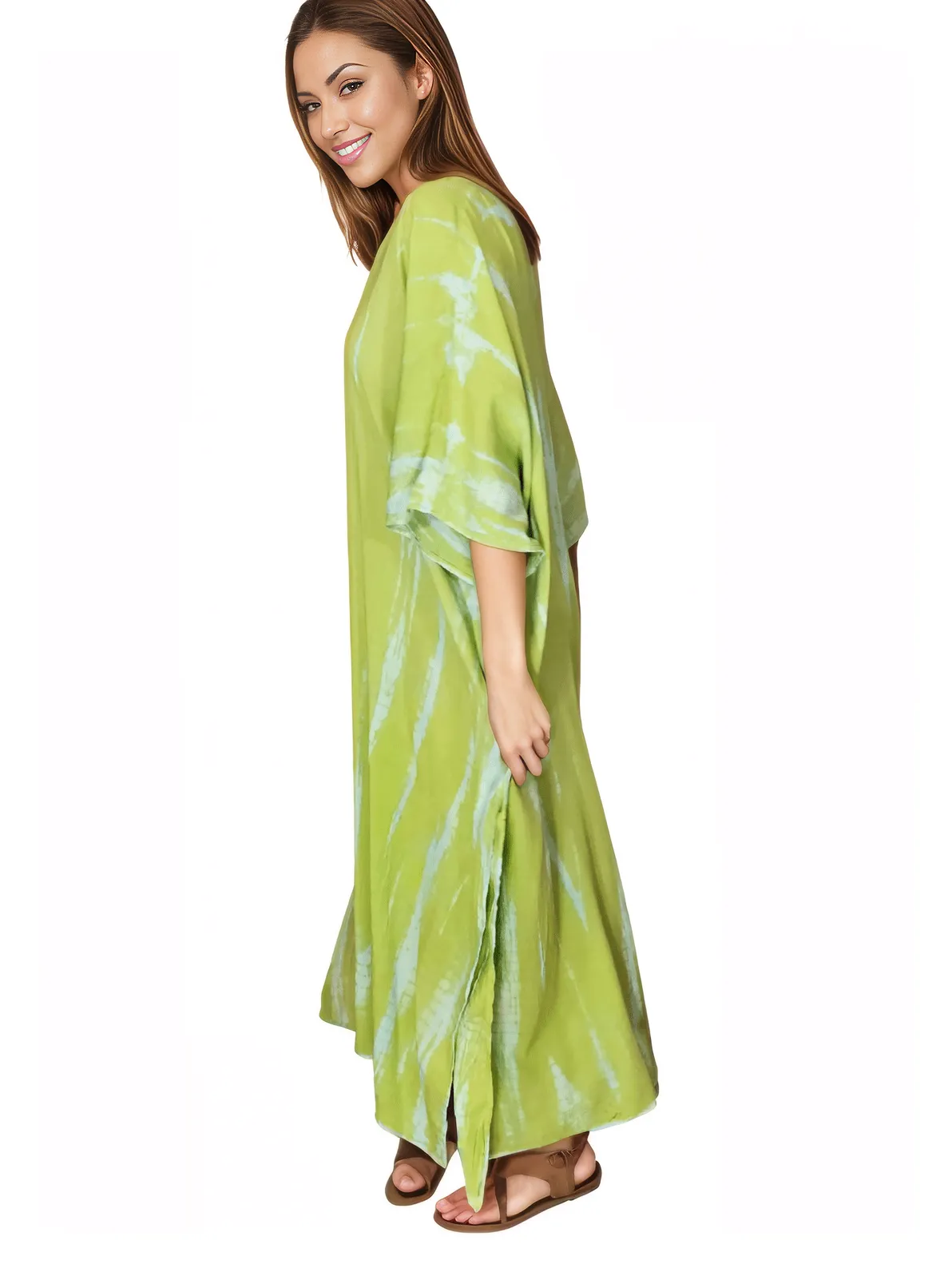Lime Green Hand - Dyed Tie - Dye Maxi Kaftan Dress – Boho Chic, Flowy and Comfortable - Tenku Designs