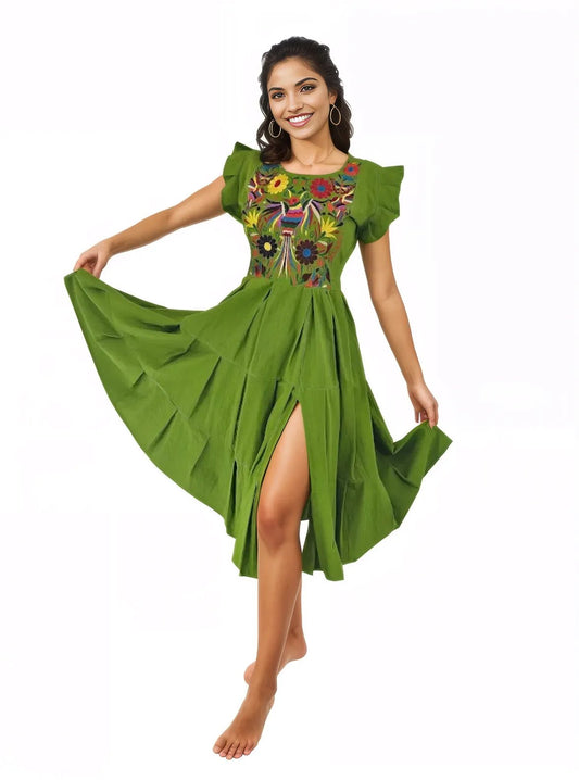 Mexican Folkloric Dress Lime Green - Tenku Designs