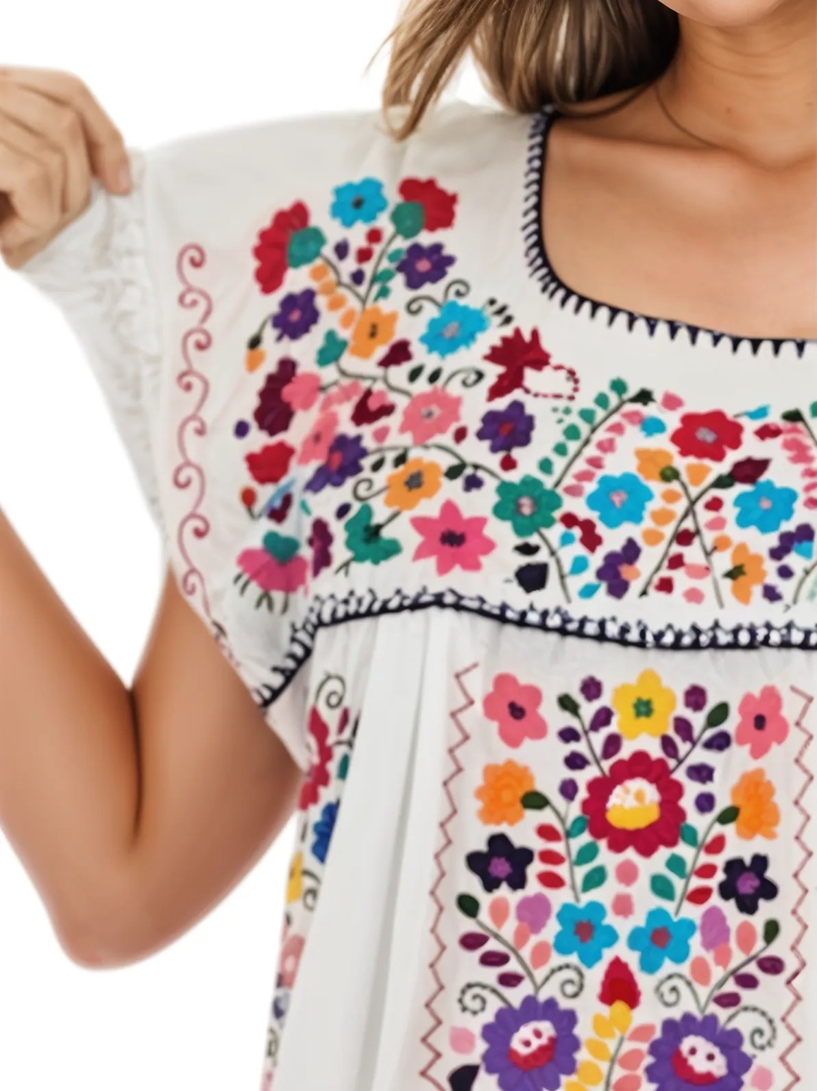 Mexican Folkloric Embrodered Huipil White - Tenku Designs