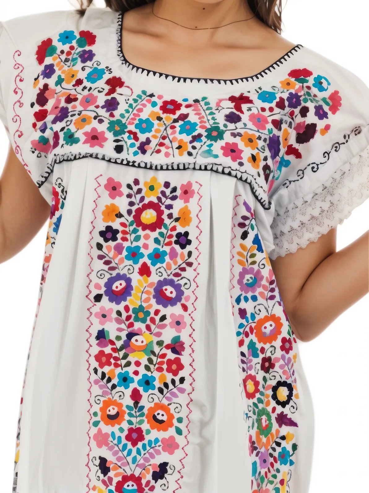 Mexican Folkloric Embrodered Huipil White - Tenku Designs
