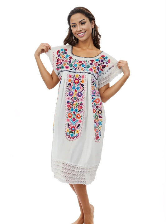 Mexican Folkloric Embrodered Huipil White - Tenku Designs