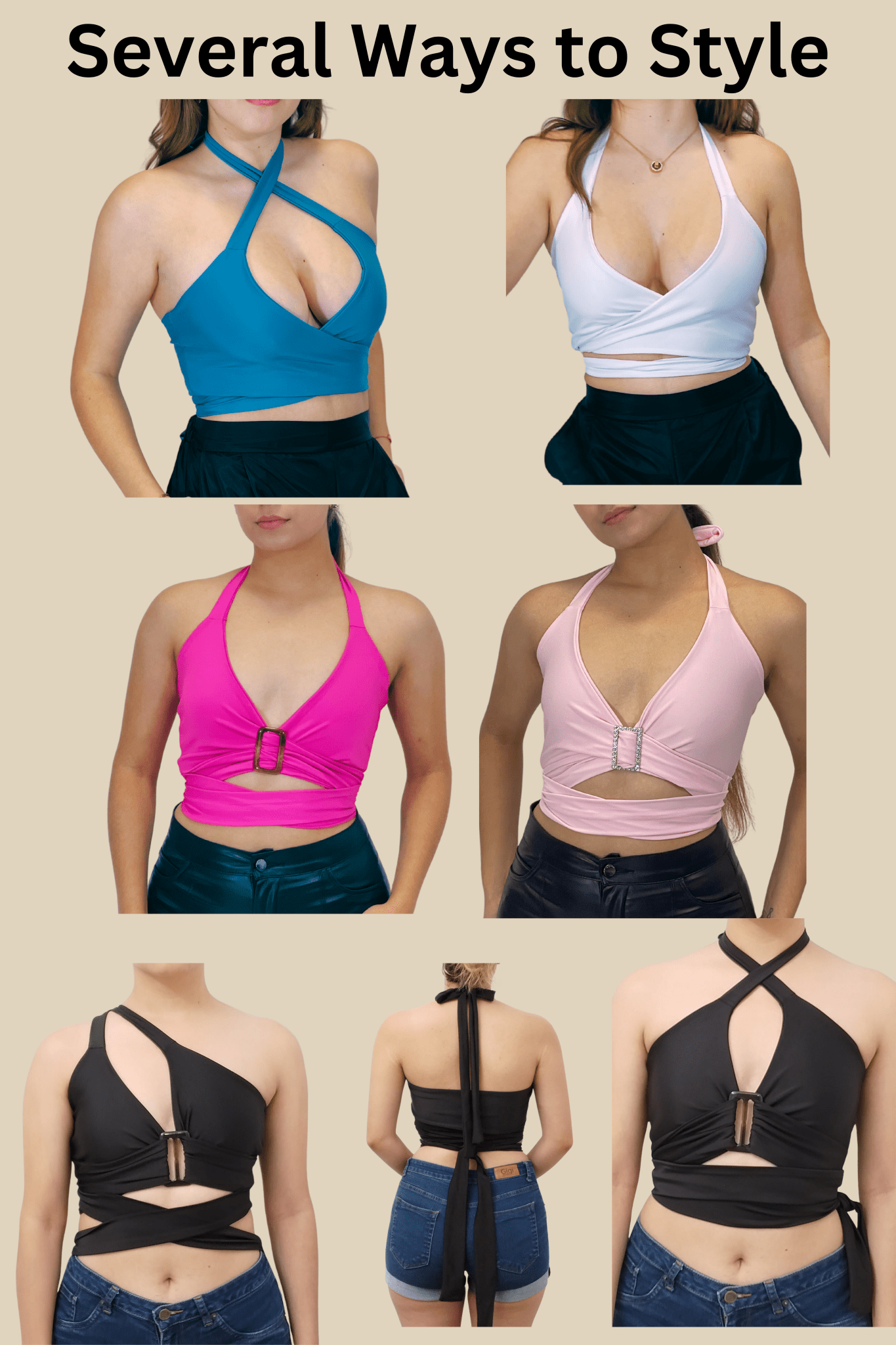 Multi - Way Halter Cross Neck Wrap Top with 2 Interchangeable Buckles – Adjustable, Chlorine - Resistant, Versatile Crop Top Black - Tenku Designs