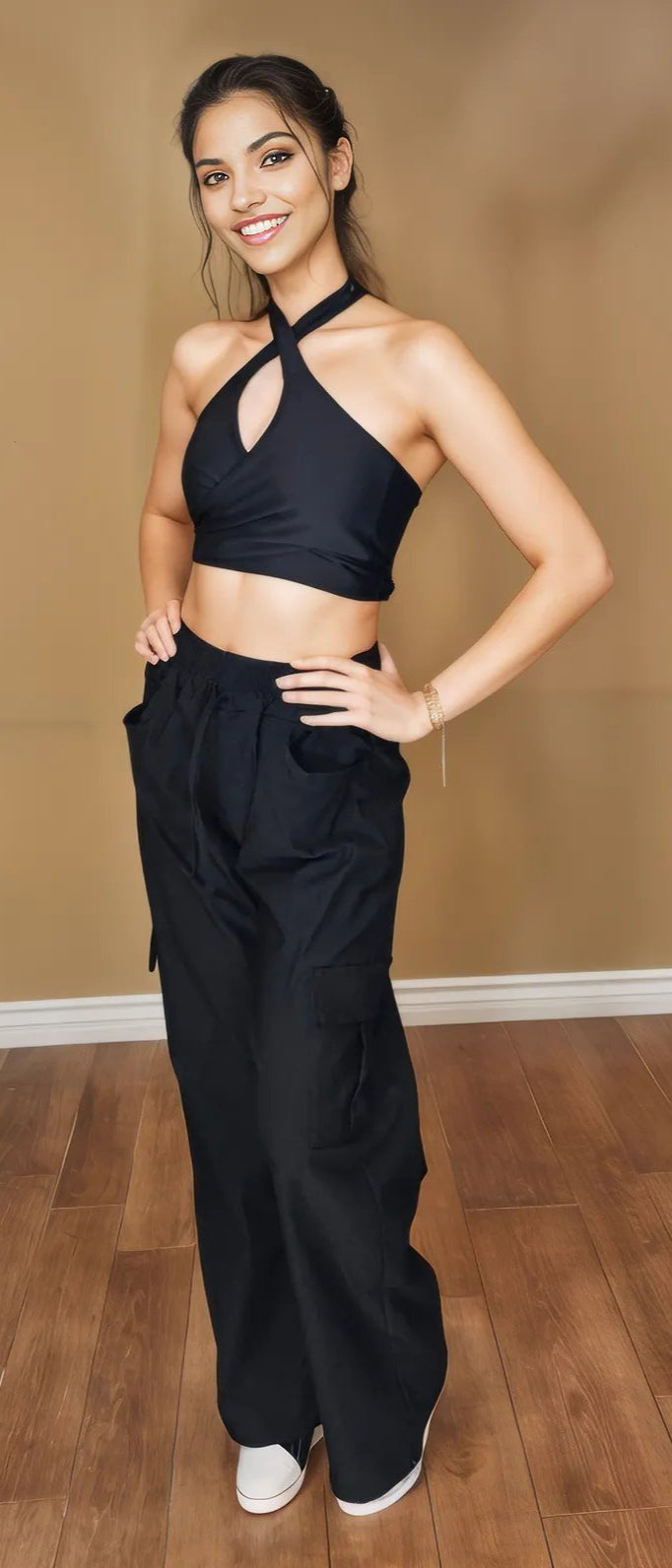 Multi - Way Halter Cross Neck Wrap Top with 2 Interchangeable Buckles – Adjustable, Chlorine - Resistant, Versatile Crop Top Black - Tenku Designs