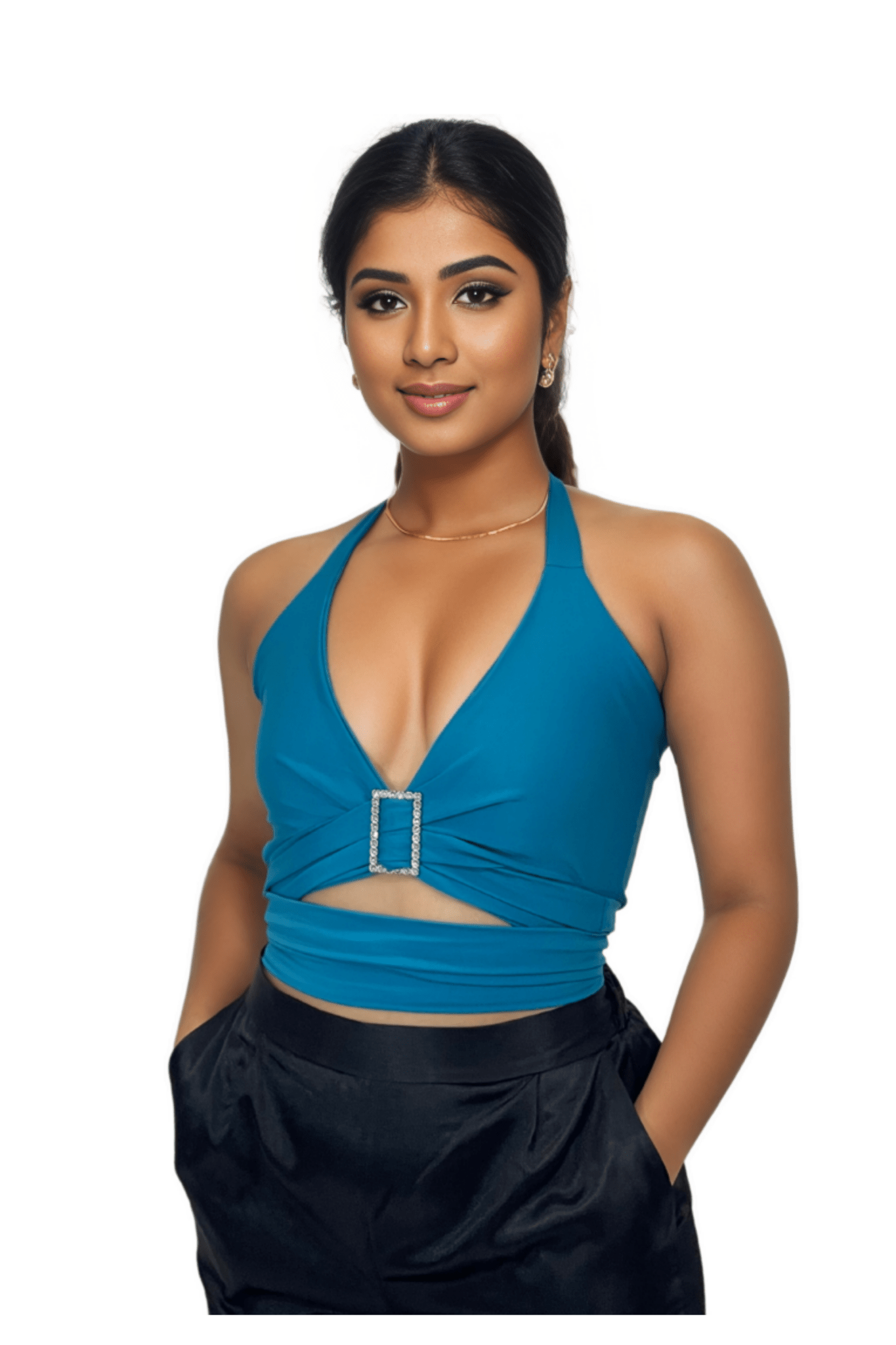 Multi - Way Halter Cross Neck Wrap Top with 2 Interchangeable Buckles – Adjustable, Chlorine - Resistant, Versatile Crop Top Blue - Tenku Designs