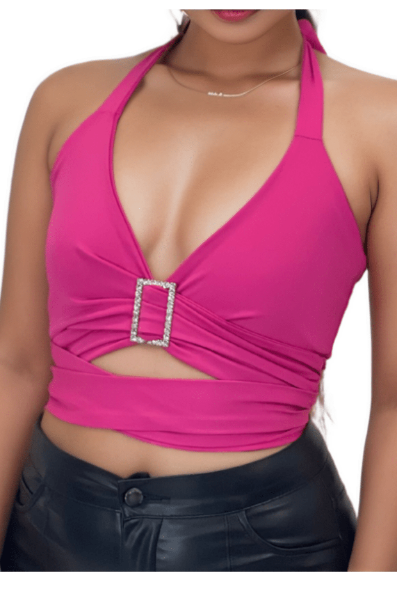 Multi - Way Halter Cross Neck Wrap Top with 2 Interchangeable Buckles – Adjustable, Chlorine - Resistant, Versatile Crop Top Hot Pink - Tenku Designs