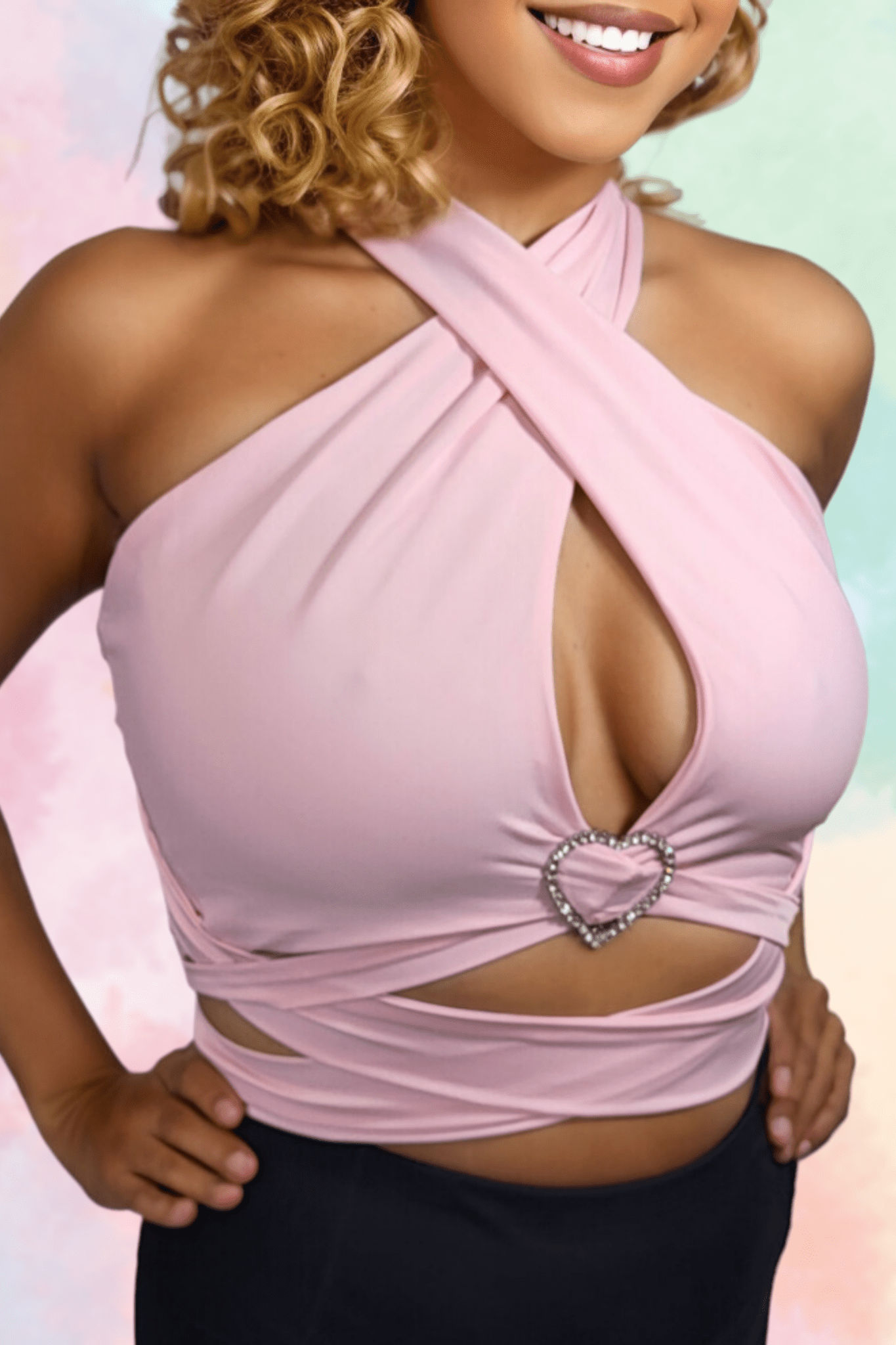 Multi - Way Halter Cross Neck Wrap Top with 2 Interchangeable Buckles – Adjustable, Chlorine - Resistant, Versatile Crop Top Light Pink - Tenku Designs
