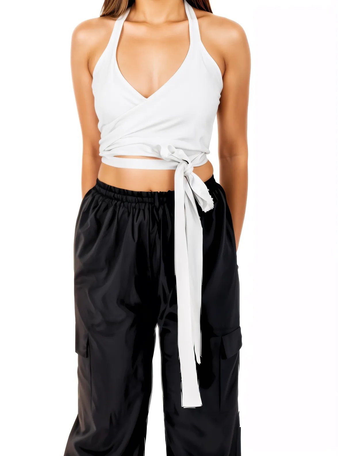 Multi - Way Halter Cross Neck Wrap Top with 2 Interchangeable Buckles – Adjustable, Chlorine - Resistant, Versatile Crop Top White - Tenku Designs