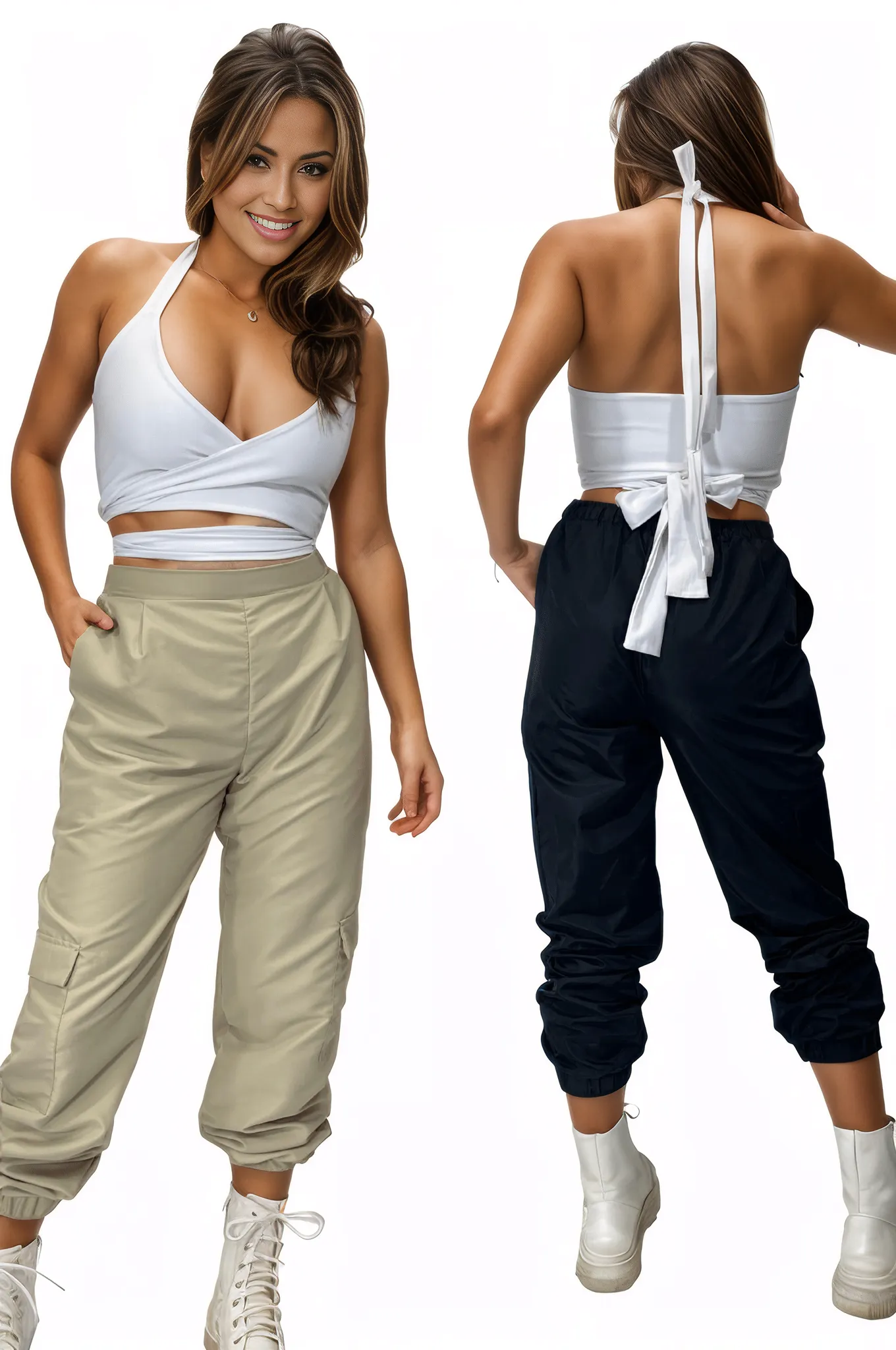 Multi - Way Halter Cross Neck Wrap Top with 2 Interchangeable Buckles – Adjustable, Chlorine - Resistant, Versatile Crop Top White - Tenku Designs