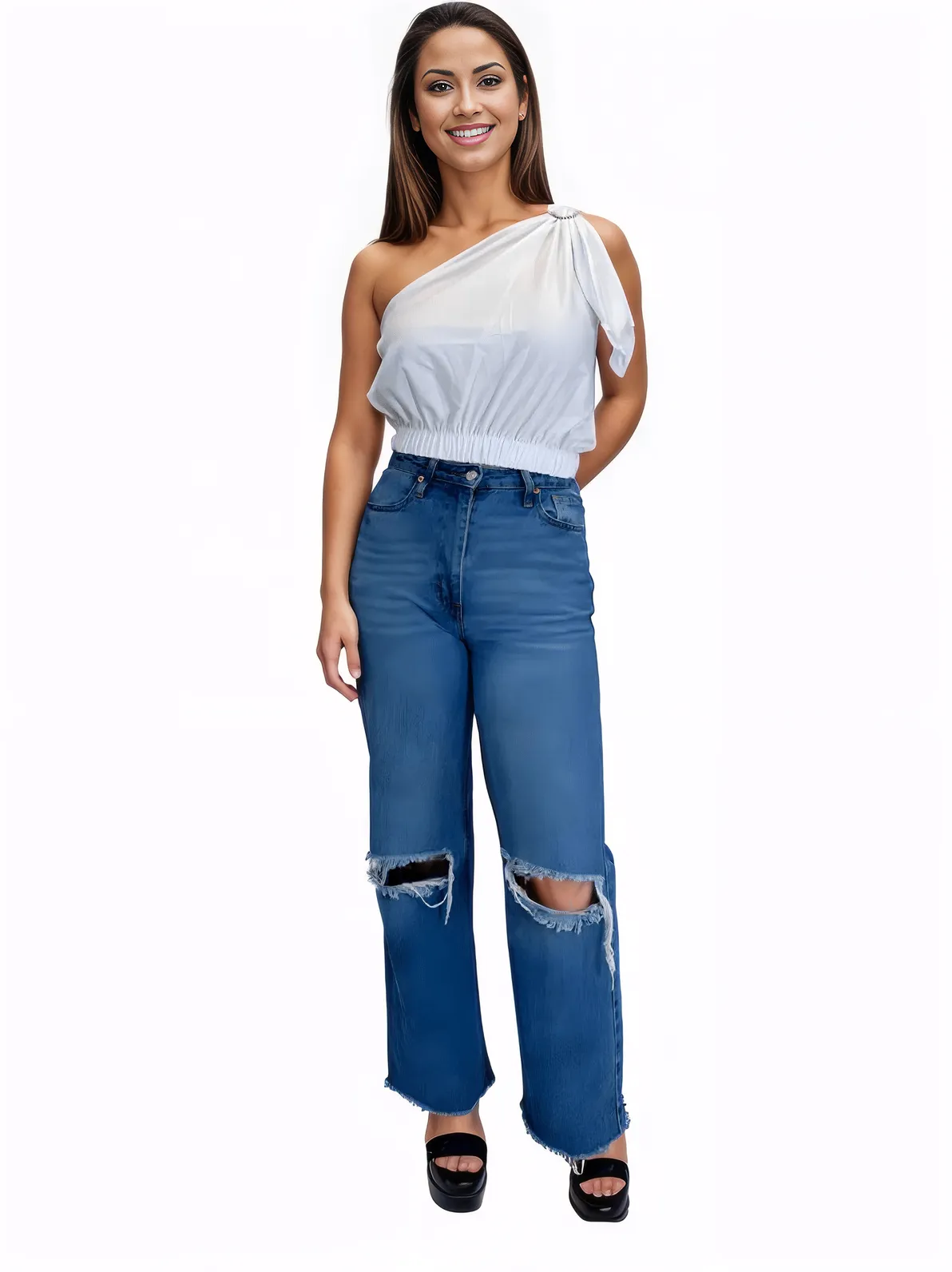 One Shoulder Puff Crop Top with 2 Buckles White - Tenku Designs