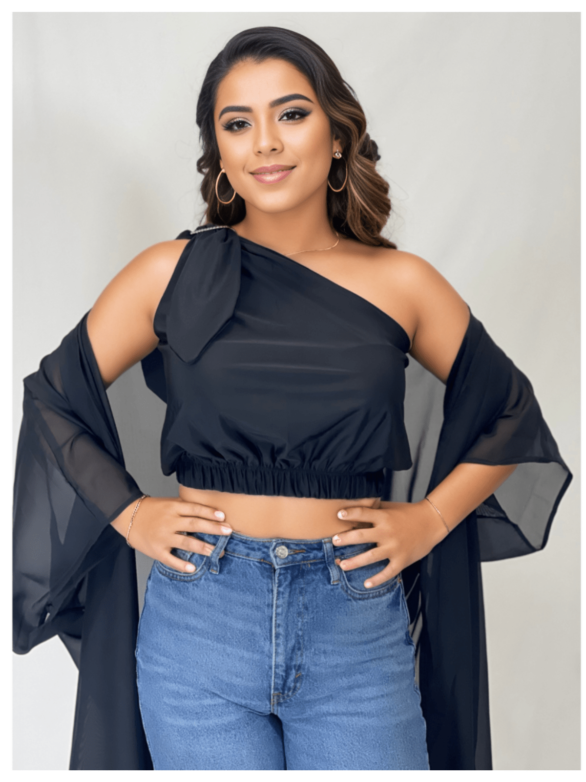 One Shoulder Puff Crop Top with 2 Free Interchangeable Buckles – Chlorine Resistant, Breathable, and Adjustable Halter Tie Black - Tenku Designs